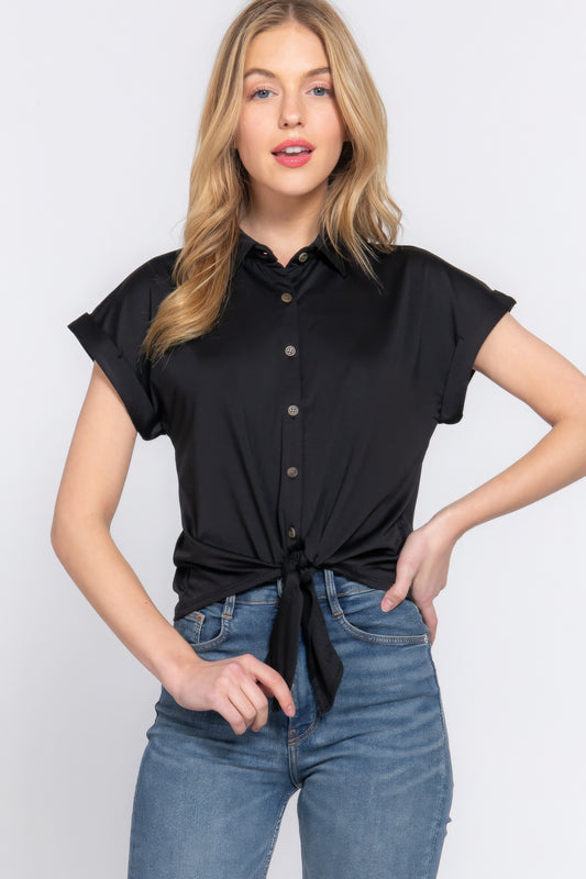 Women's Tie Front Top Button Front Collar Neck Short Sleeves Stretch ITY Shirt