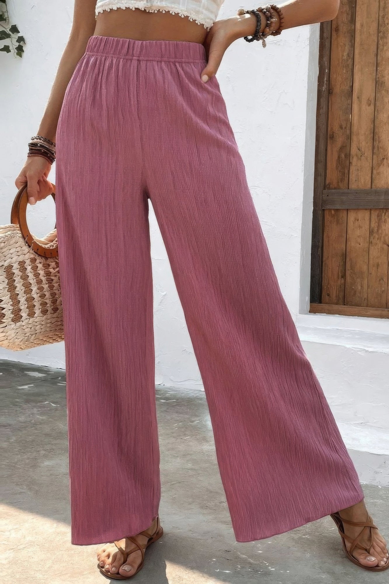 Women's Summer Elastic Waist Wide Leg Trousers Textured Pockets Palazzo Pants