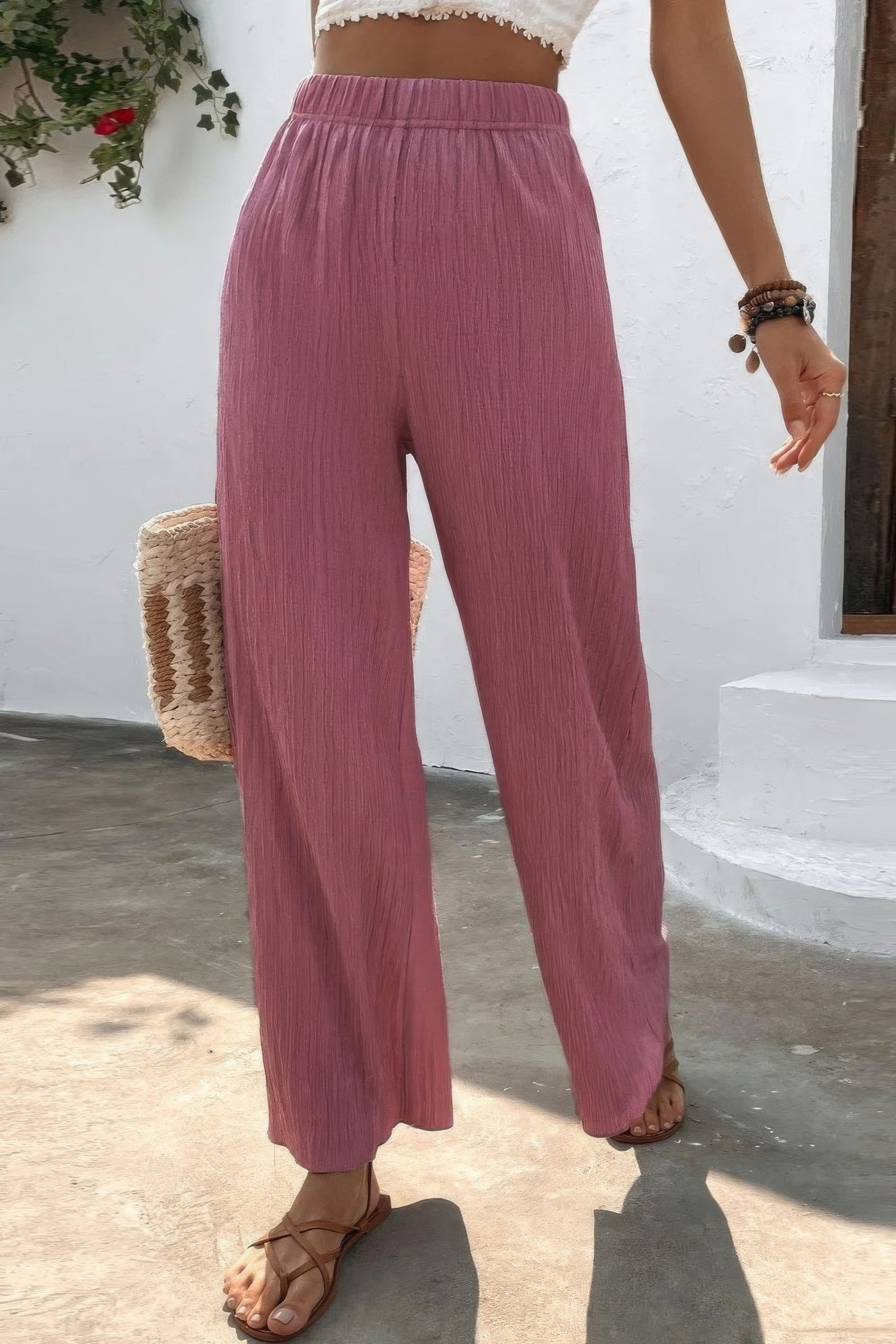 Women's Summer Elastic Waist Wide Leg Trousers Textured Pockets Palazzo Pants