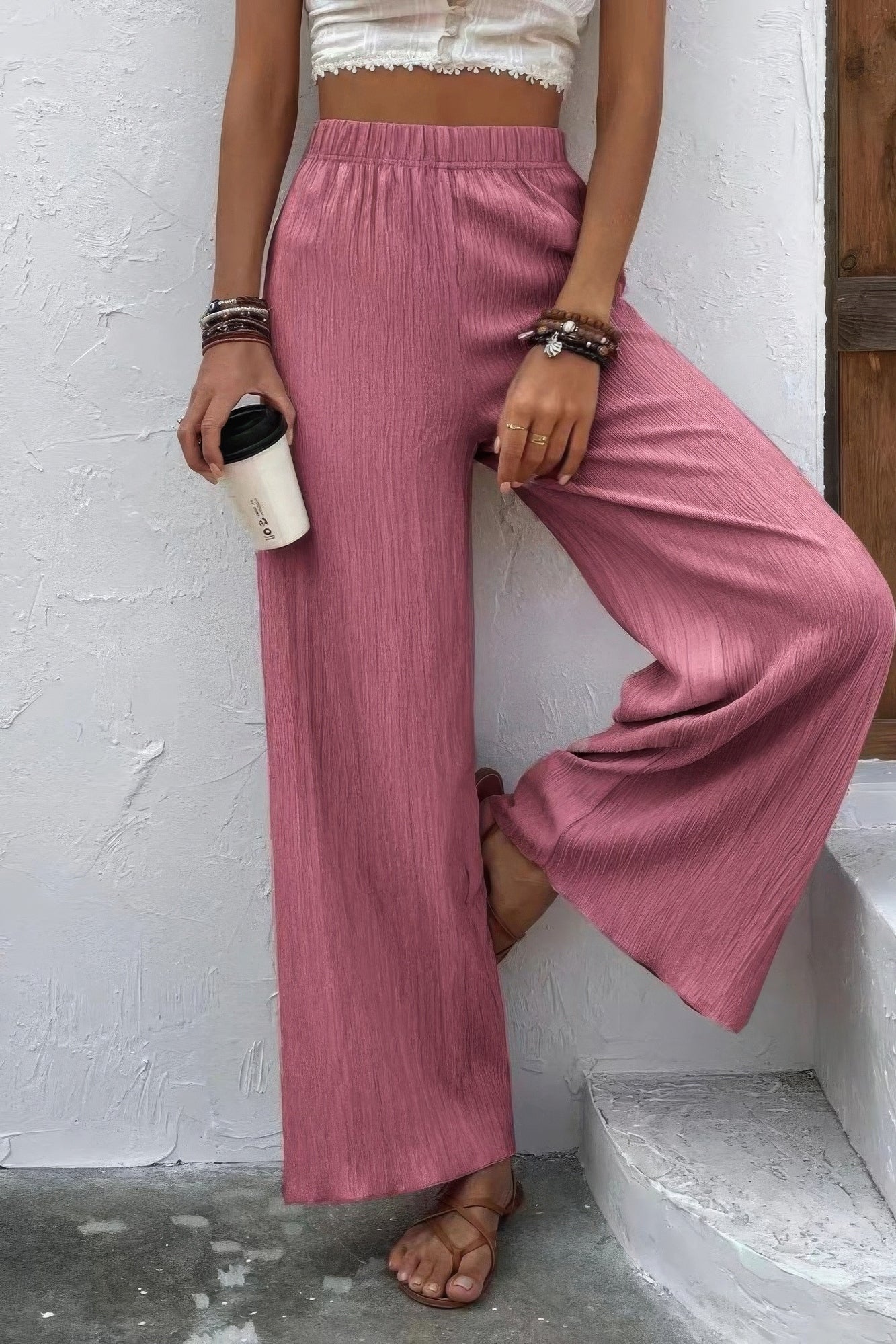 Women's Summer Elastic Waist Wide Leg Trousers Textured Pockets Palazzo Pants