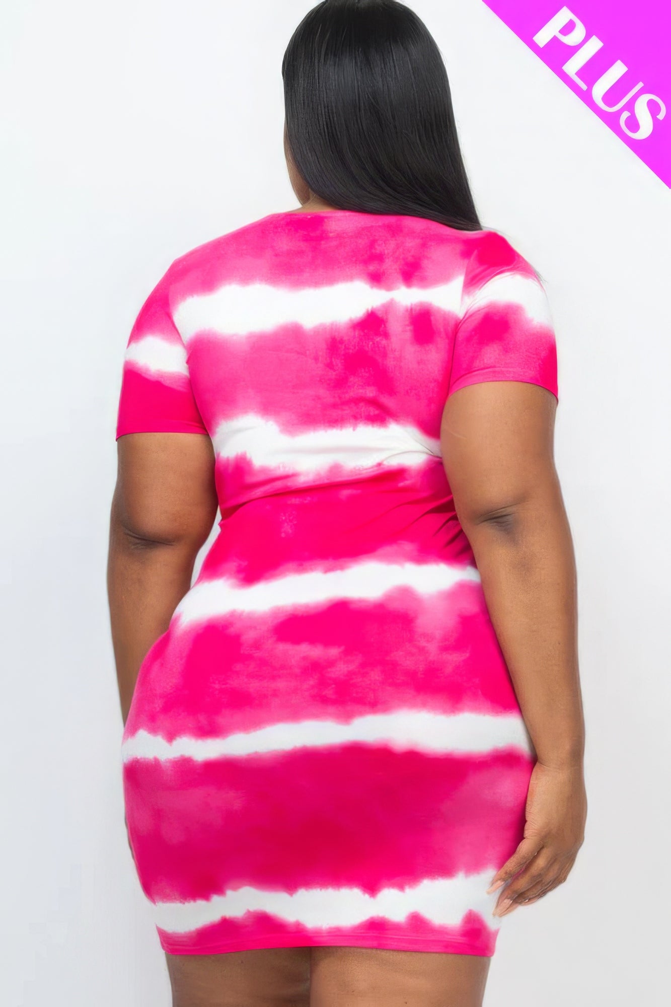 Women Plus Extra Long Tie-dye Print Dress Bodycon Short Sleeve Shirt (1X,2X,3X)