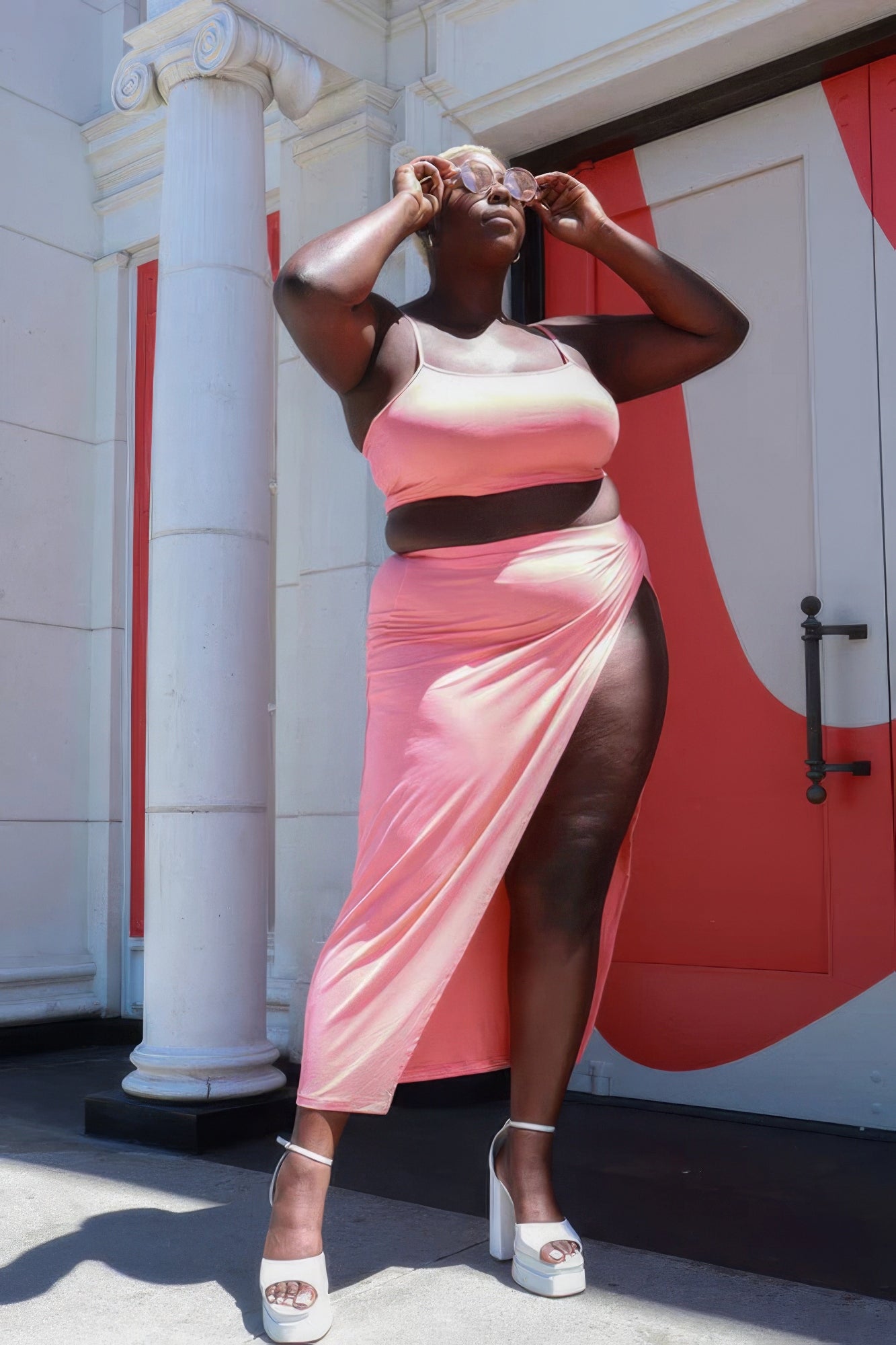 Women's Plus Crop Cami Tank Top & Split Thigh Maxi Skirt Set Stretch Party Dress