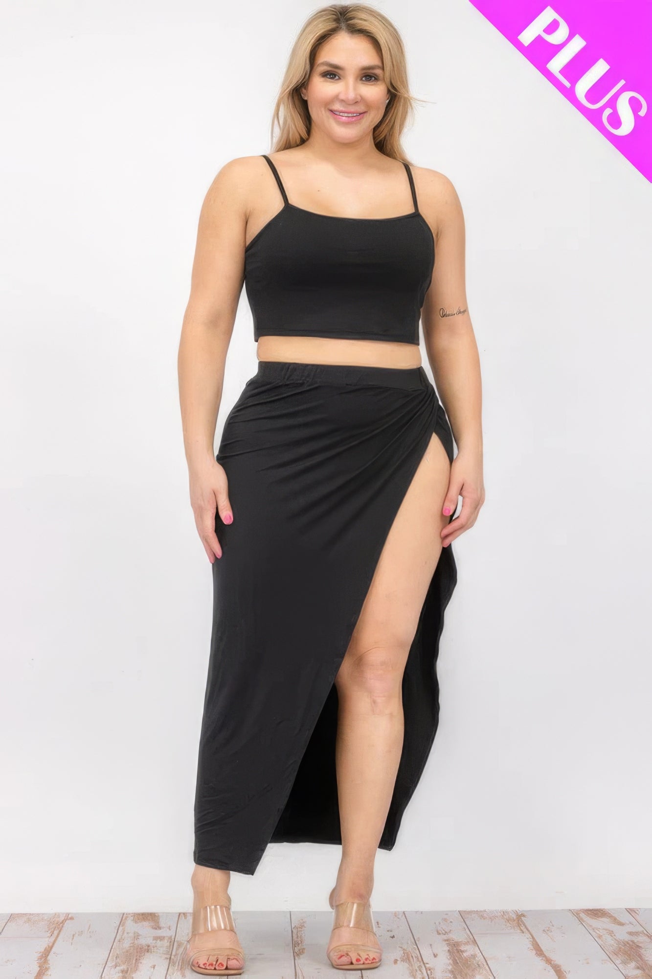 Women's Plus Crop Cami Tank Top & Split Thigh Maxi Skirt Set Stretch Party Dress