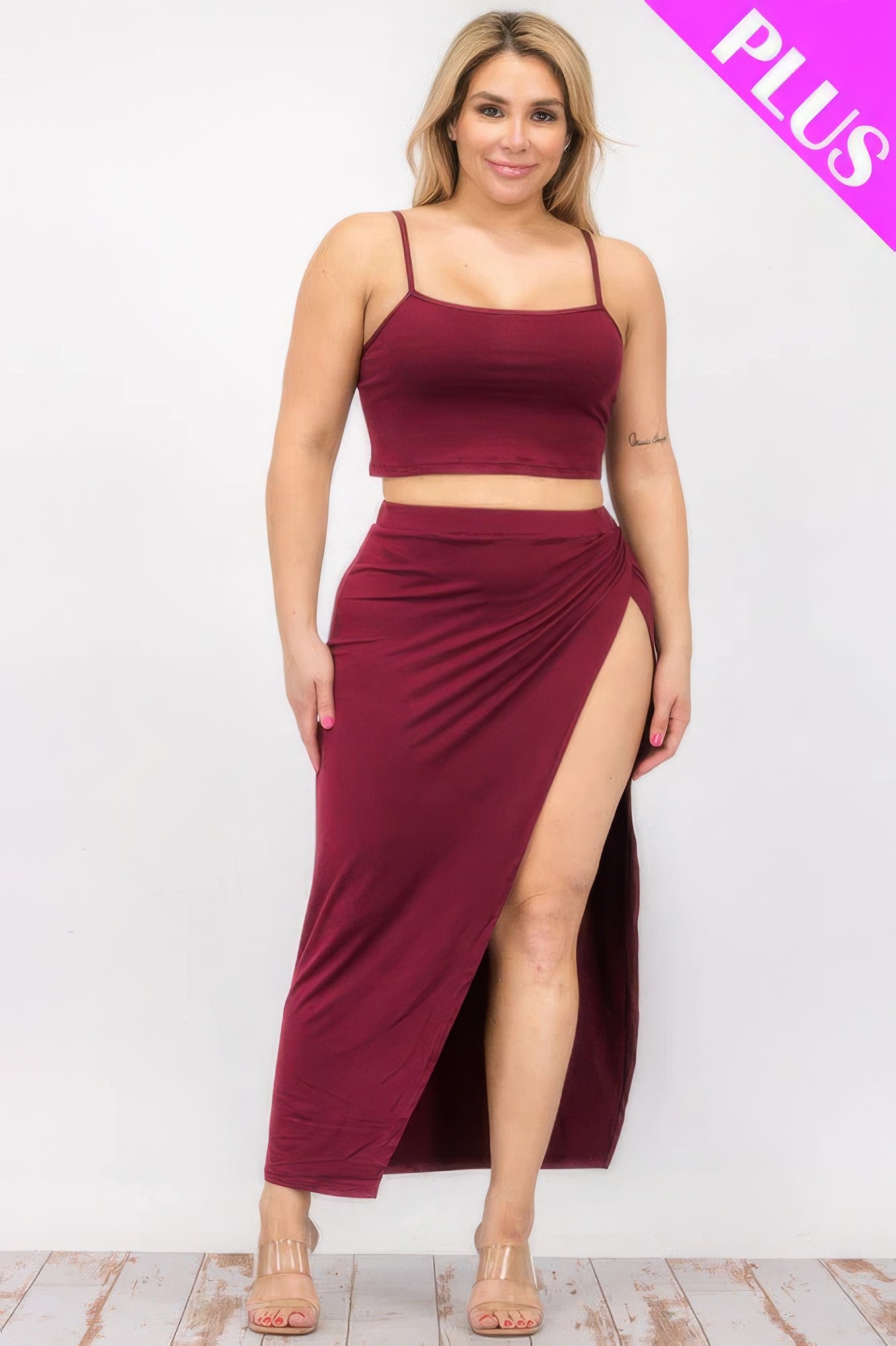 Women's Plus Crop Cami Tank Top & Split Thigh Maxi Skirt Set Stretch Party Dress