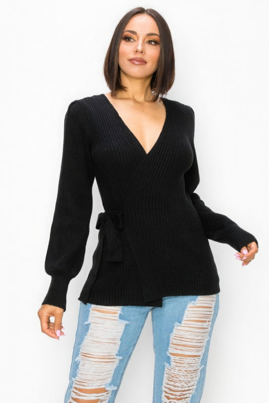 Women Ribbed Wrap Sweater Top Surplice Knit Long Sleeve Self-tie Stretch - Black