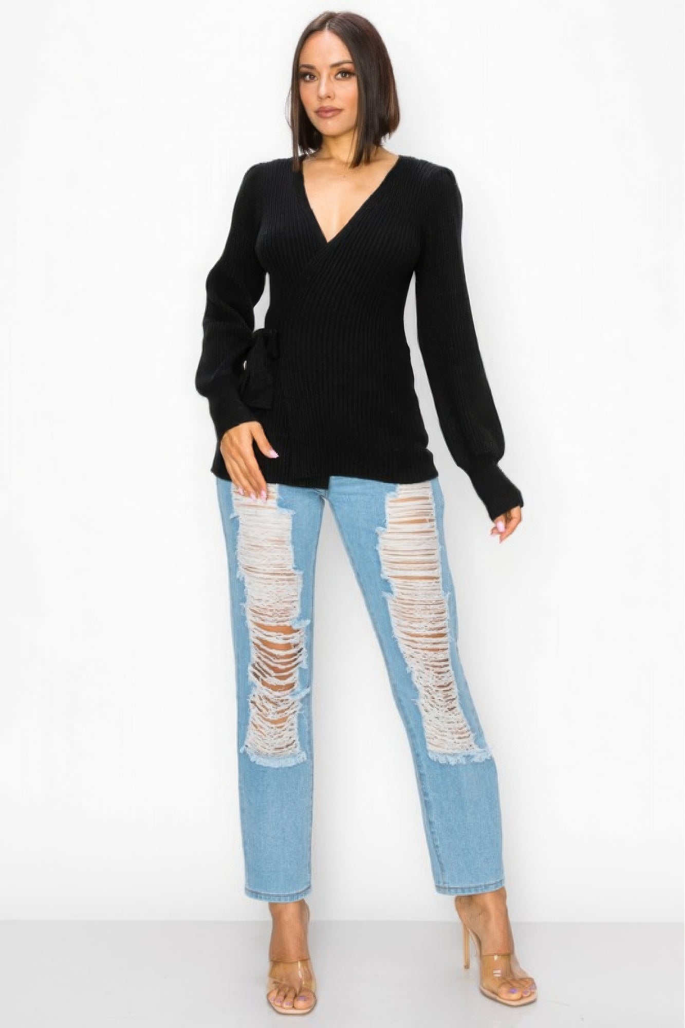 Women Ribbed Wrap Sweater Top Surplice Knit Long Sleeve Self-tie Stretch - Black