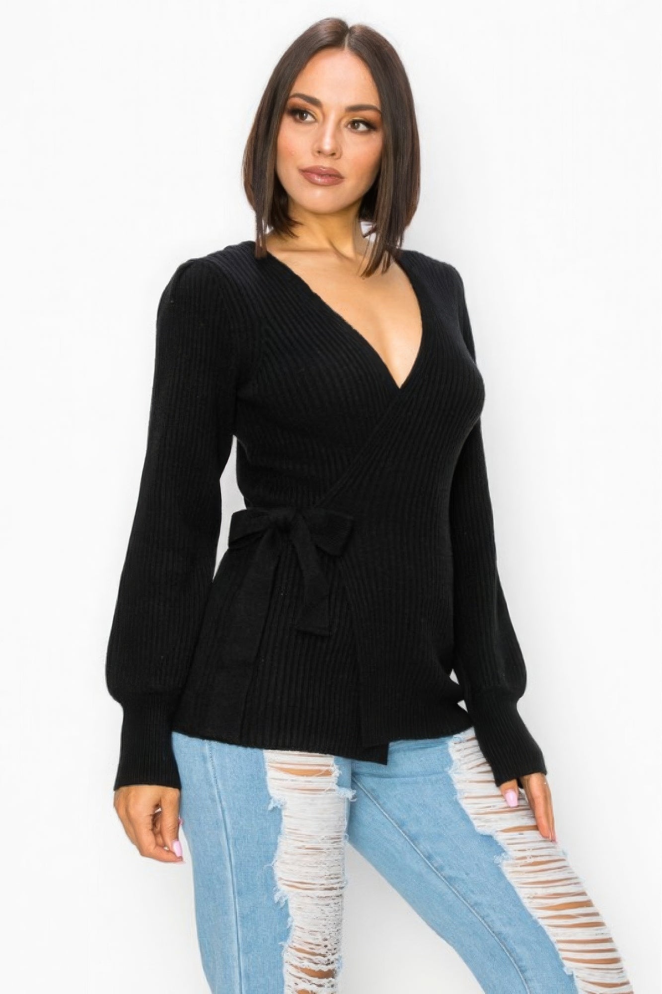 Women Ribbed Wrap Sweater Top Surplice Knit Long Sleeve Self-tie Stretch - Black