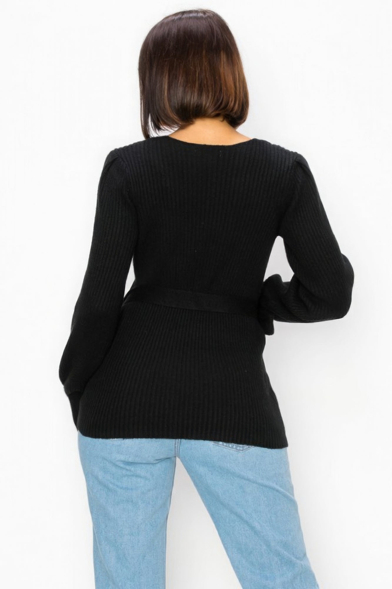 Women Ribbed Wrap Sweater Top Surplice Knit Long Sleeve Self-tie Stretch - Black