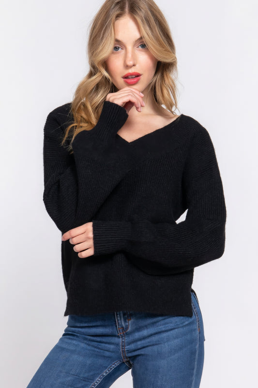 Women's Double V-neck Sweater Long Sleeve Soft Rib Knit Stretch Dropped Shoulder