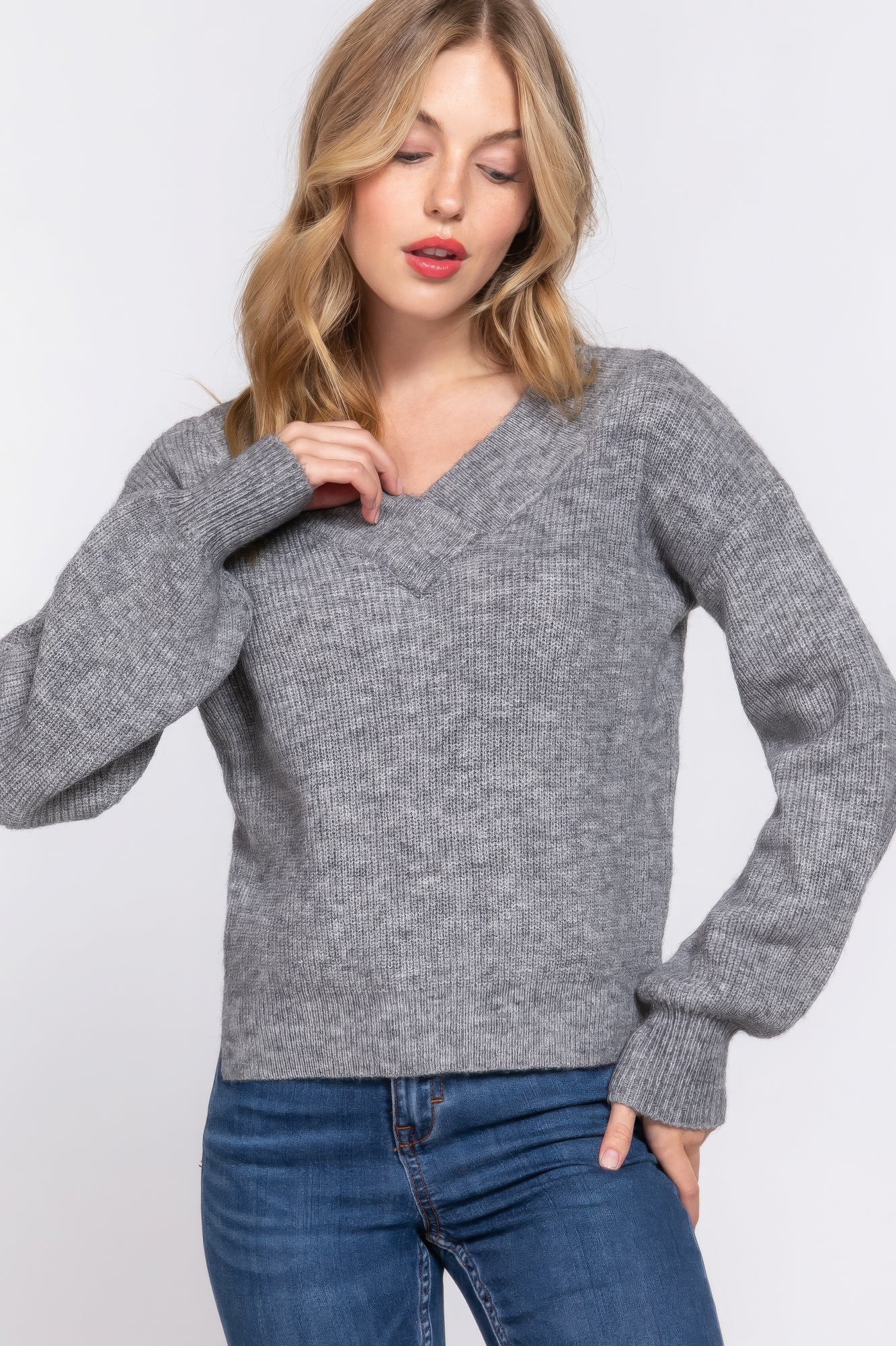 Women's Double V-neck Sweater Long Sleeve Soft Rib Knit Stretch Dropped Shoulder