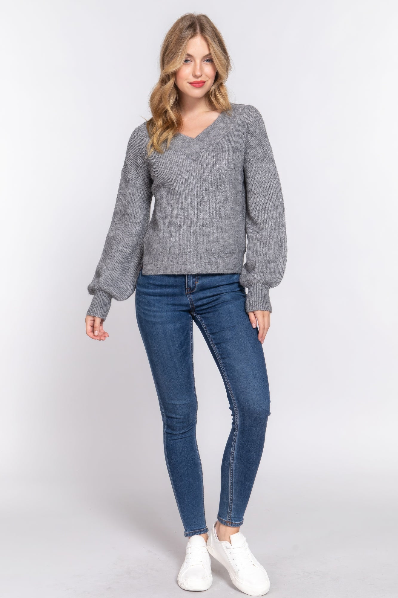 Women's Double V-neck Sweater Long Sleeve Soft Rib Knit Stretch Dropped Shoulder