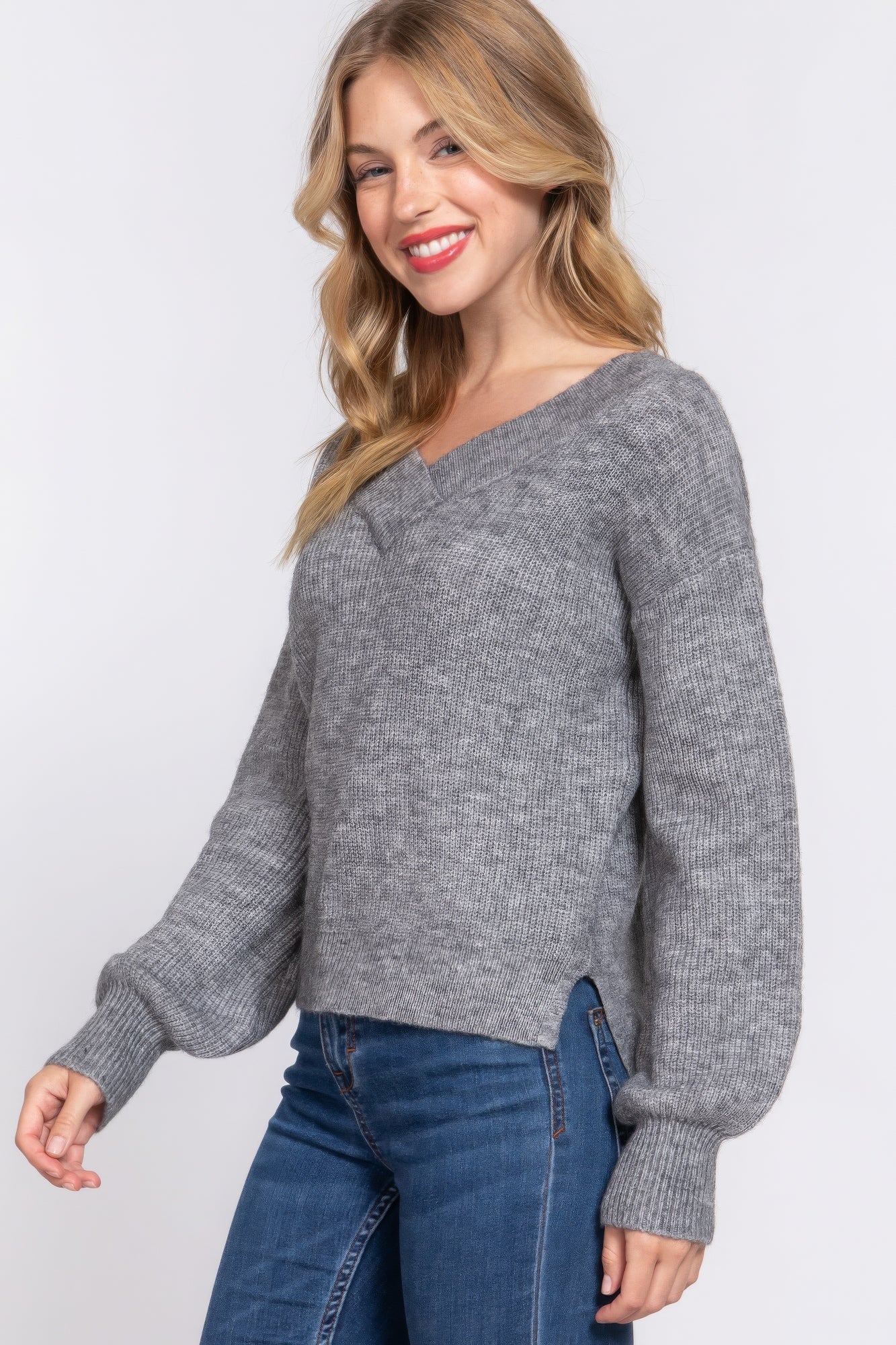 Women's Double V-neck Sweater Long Sleeve Soft Rib Knit Stretch Dropped Shoulder