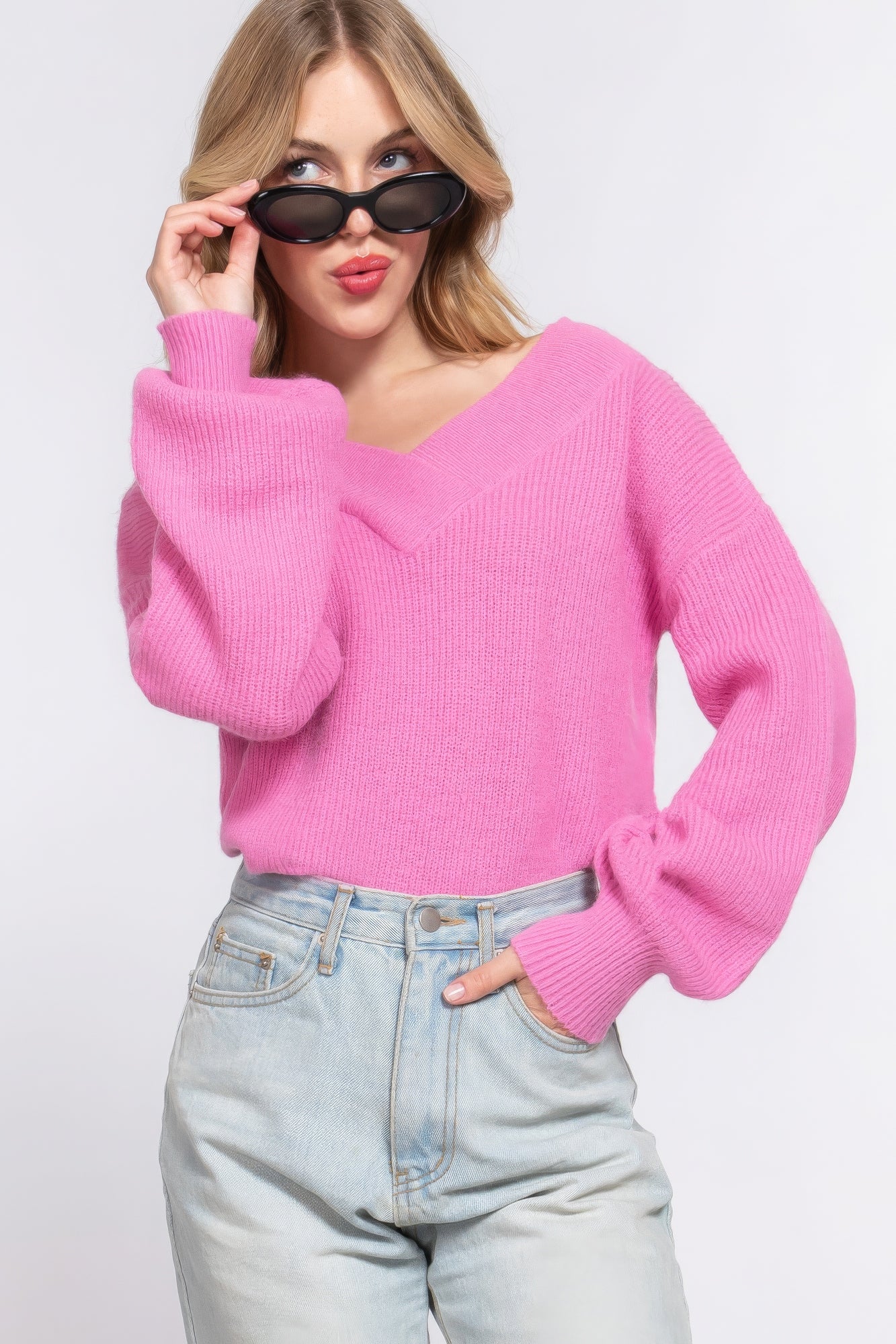 Women's Double V-neck Sweater Long Sleeve Soft Rib Knit Stretch Dropped Shoulder
