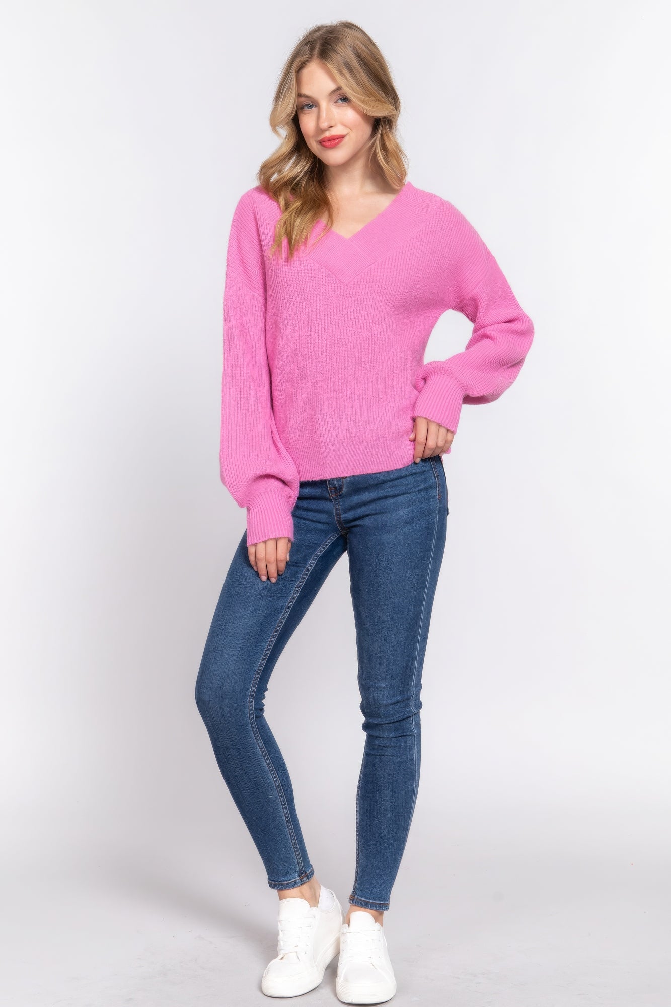Women's Double V-neck Sweater Long Sleeve Soft Rib Knit Stretch Dropped Shoulder