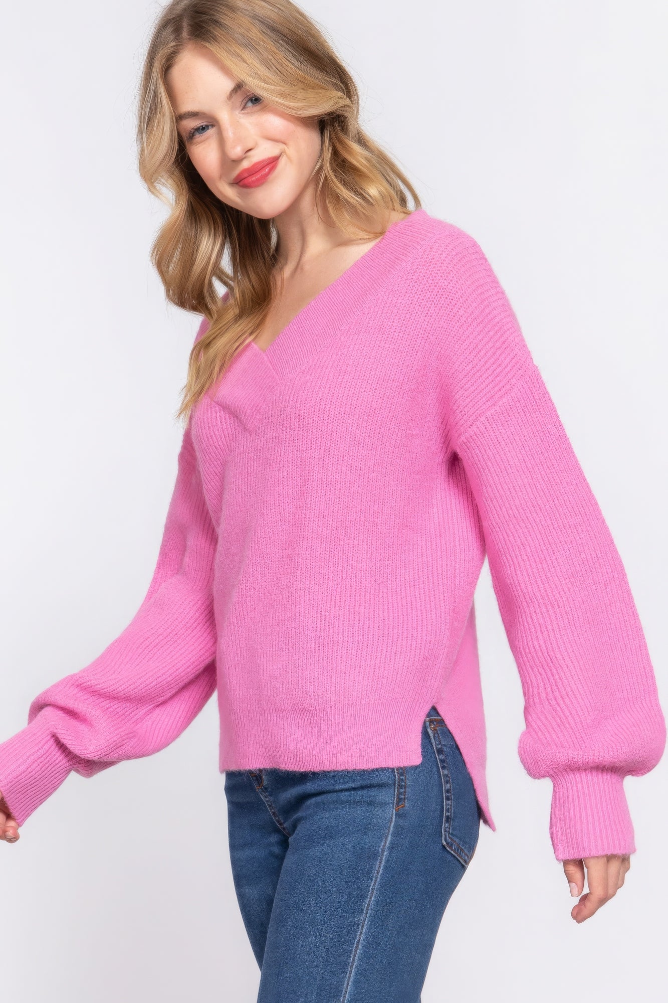 Women's Double V-neck Sweater Long Sleeve Soft Rib Knit Stretch Dropped Shoulder