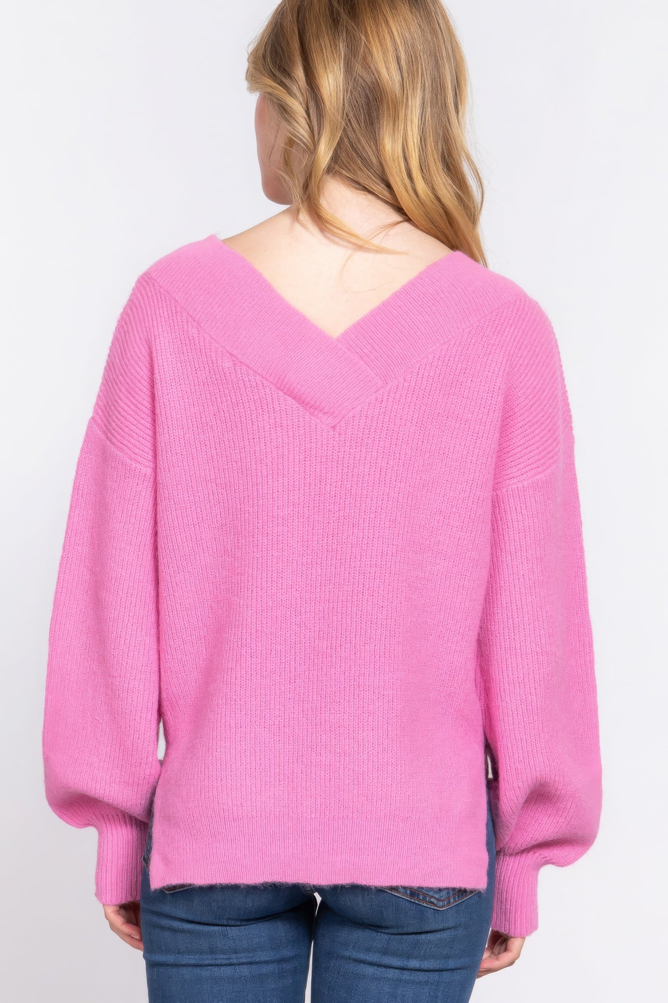 Women's Double V-neck Sweater Long Sleeve Soft Rib Knit Stretch Dropped Shoulder