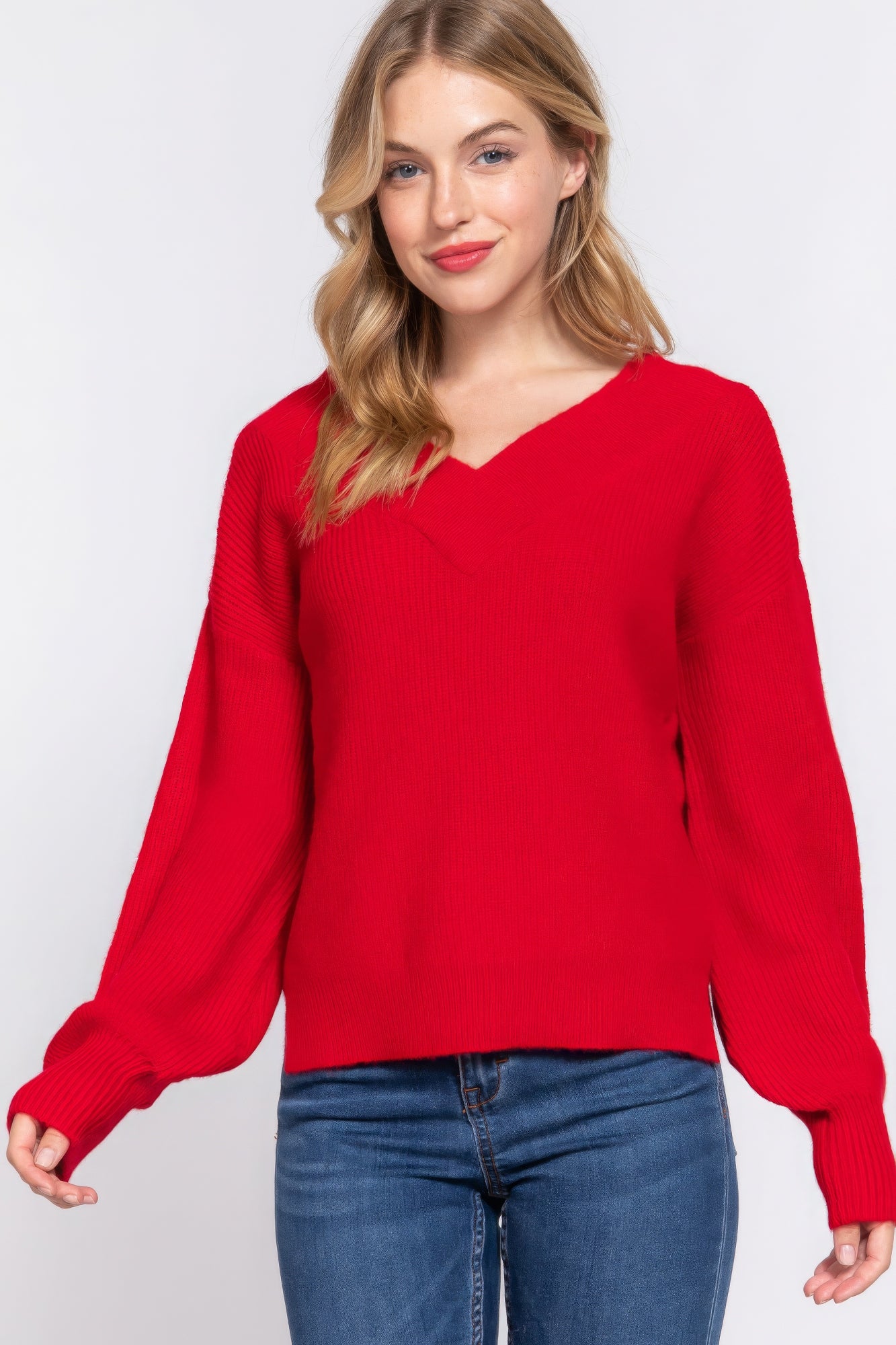 Women's Double V-neck Sweater Long Sleeve Soft Rib Knit Stretch Dropped Shoulder