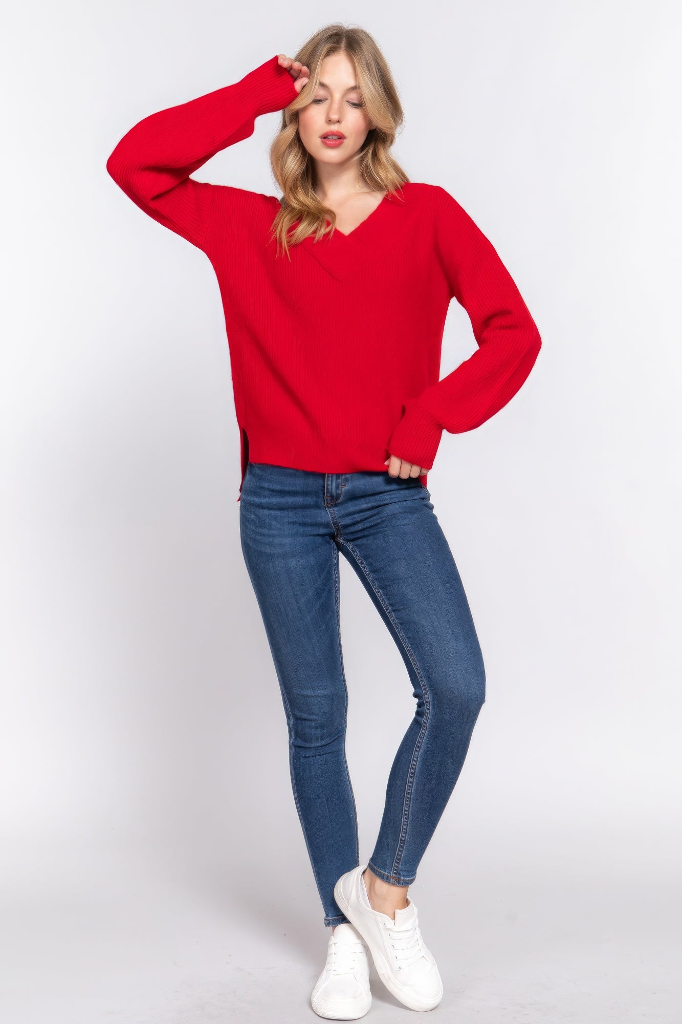 Women's Double V-neck Sweater Long Sleeve Soft Rib Knit Stretch Dropped Shoulder