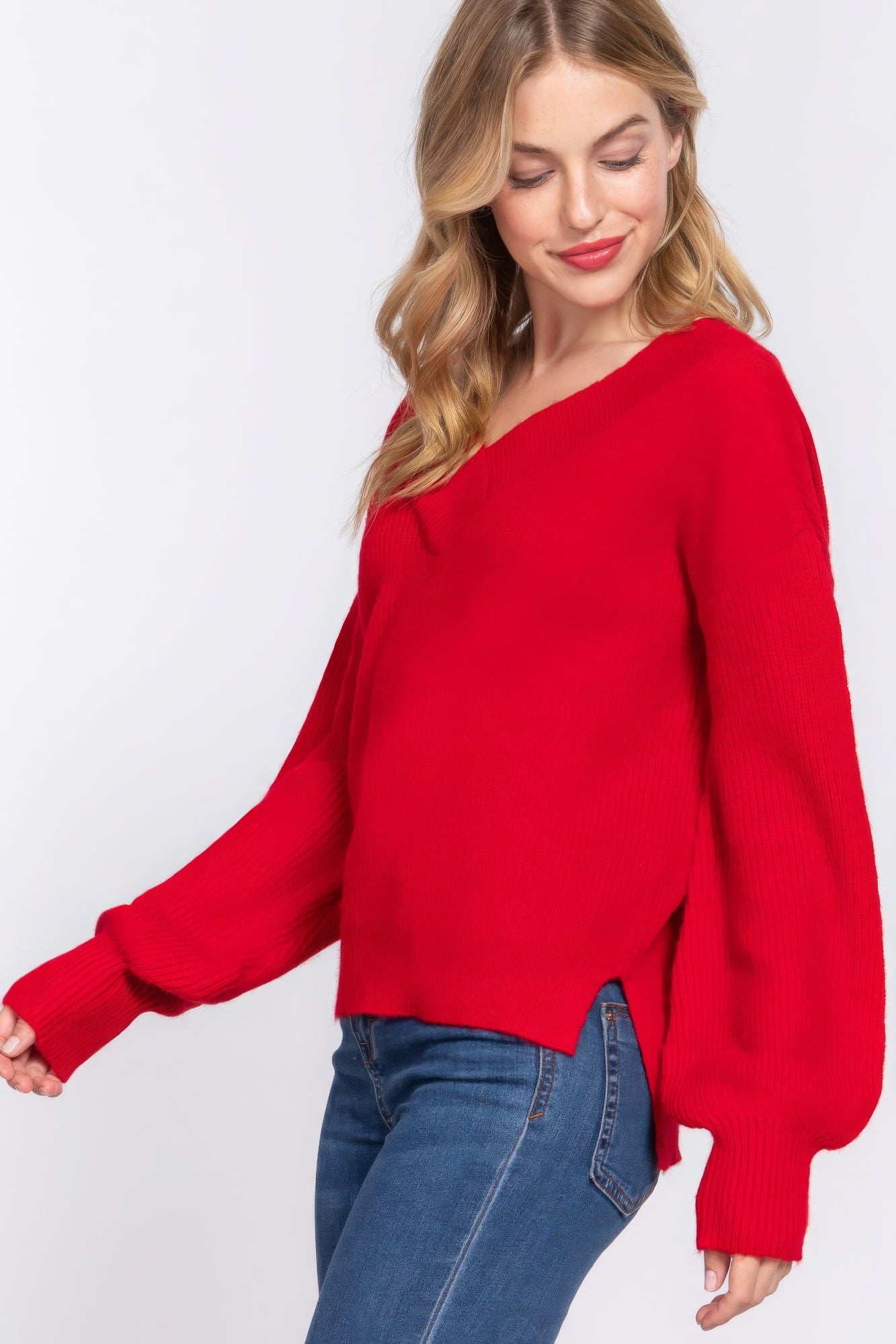 Women's Double V-neck Sweater Long Sleeve Soft Rib Knit Stretch Dropped Shoulder