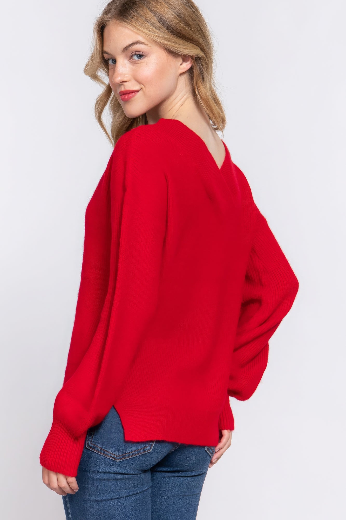 Women's Double V-neck Sweater Long Sleeve Soft Rib Knit Stretch Dropped Shoulder