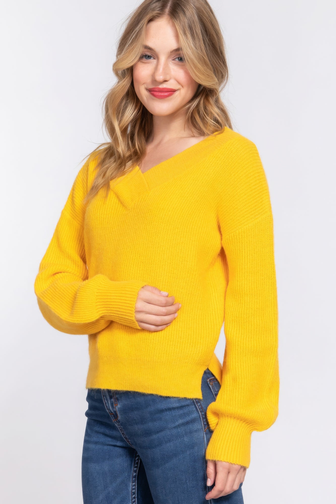 Women's Double V-neck Sweater Long Sleeve Soft Rib Knit Stretch Dropped Shoulder