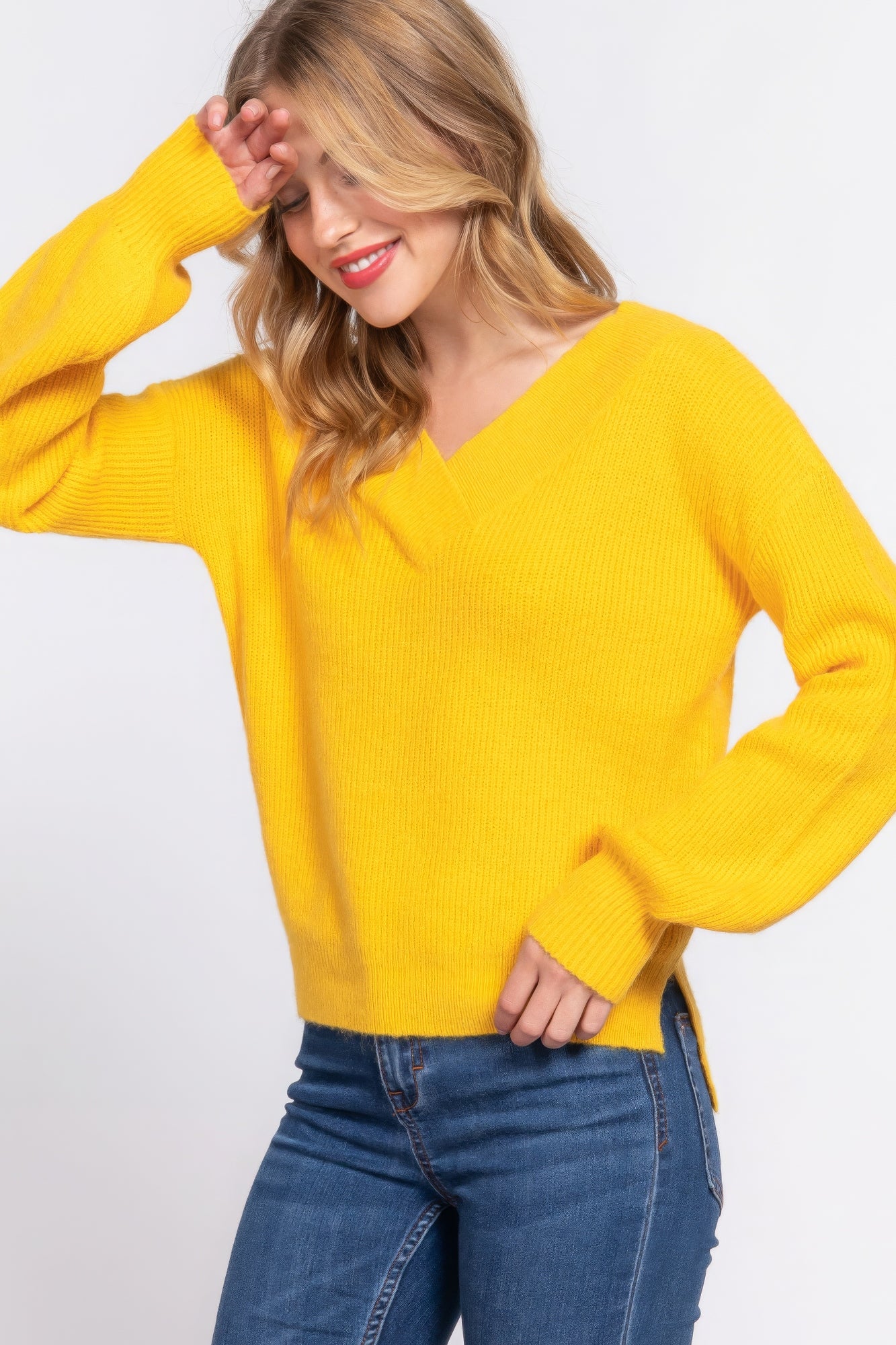 Women's Double V-neck Sweater Long Sleeve Soft Rib Knit Stretch Dropped Shoulder