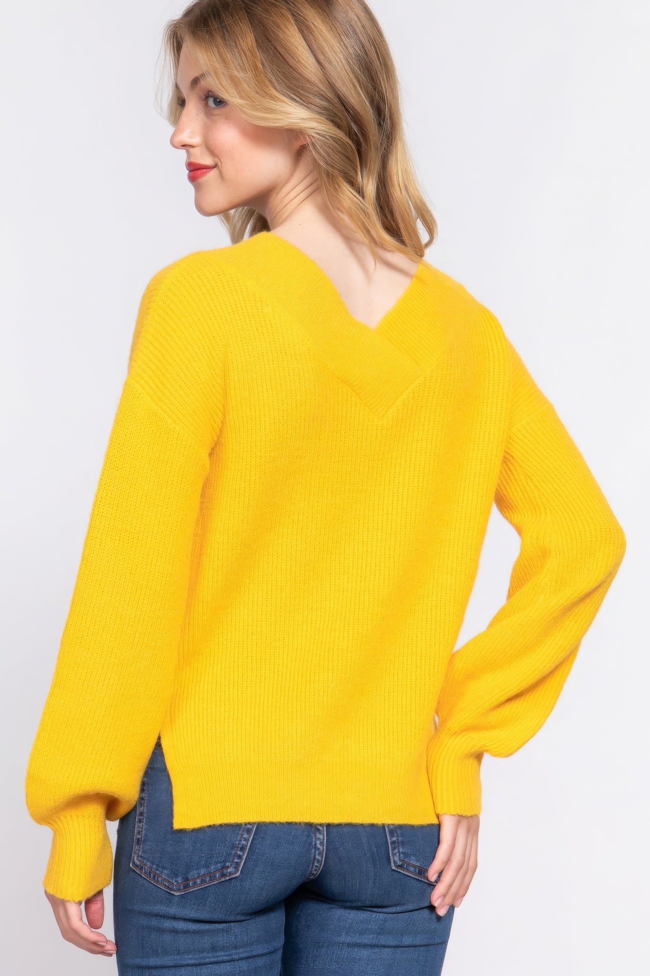 Women's Double V-neck Sweater Long Sleeve Soft Rib Knit Stretch Dropped Shoulder