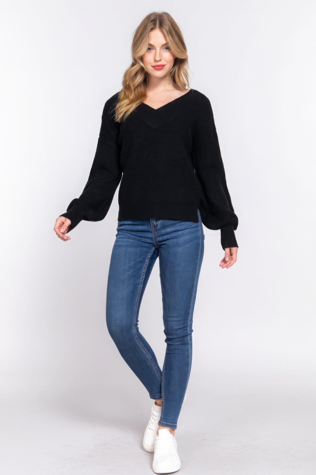 Women's Double V-neck Sweater Long Sleeve Soft Rib Knit Stretch Dropped Shoulder