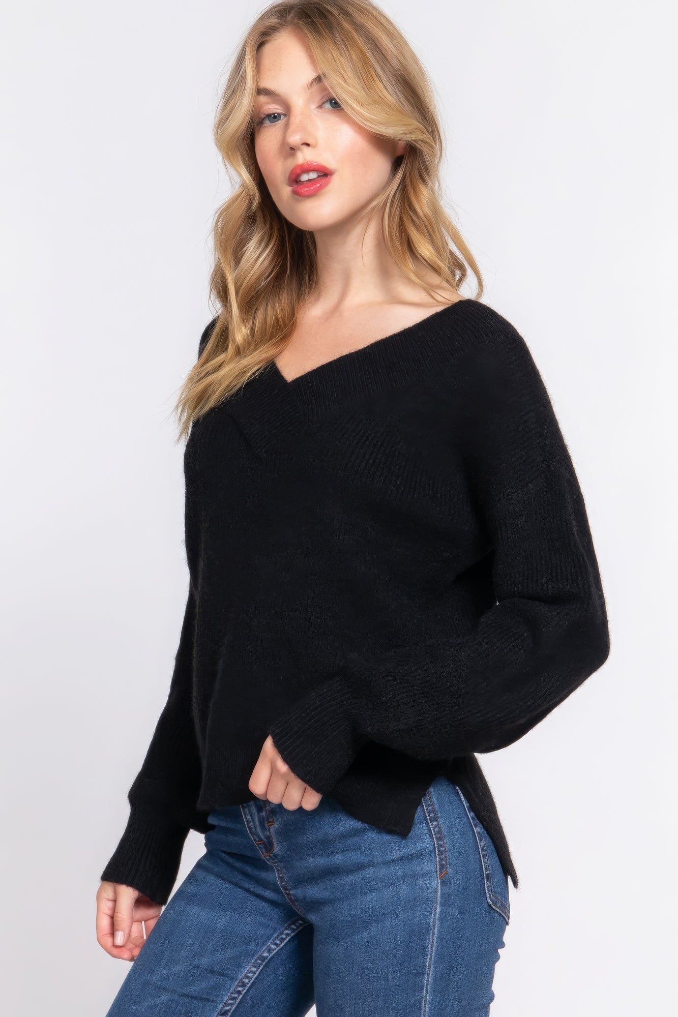 Women's Double V-neck Sweater Long Sleeve Soft Rib Knit Stretch Dropped Shoulder