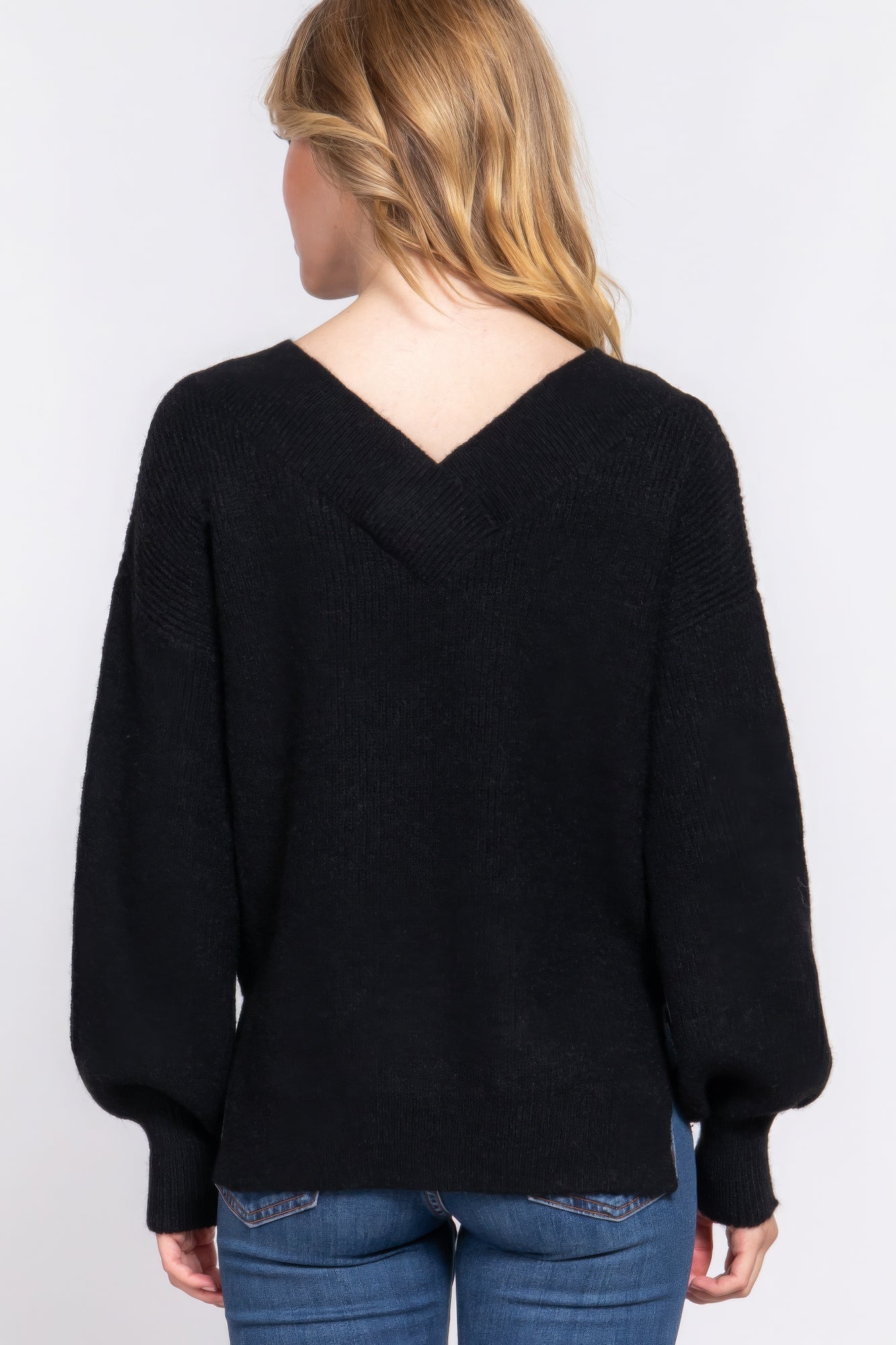 Women's Double V-neck Sweater Long Sleeve Soft Rib Knit Stretch Dropped Shoulder