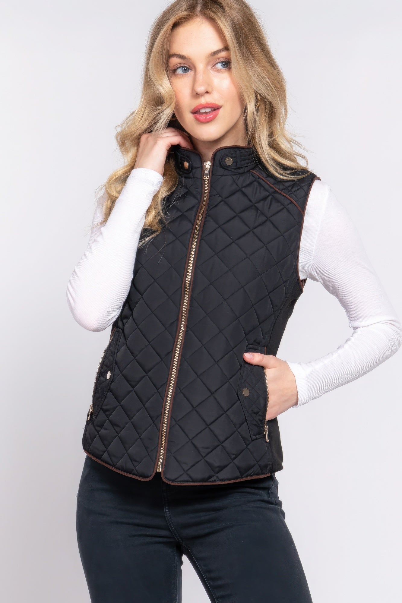 Women's Outwear Vest Stand Collar Lightweight Zip Suede Piping Quilted Vest