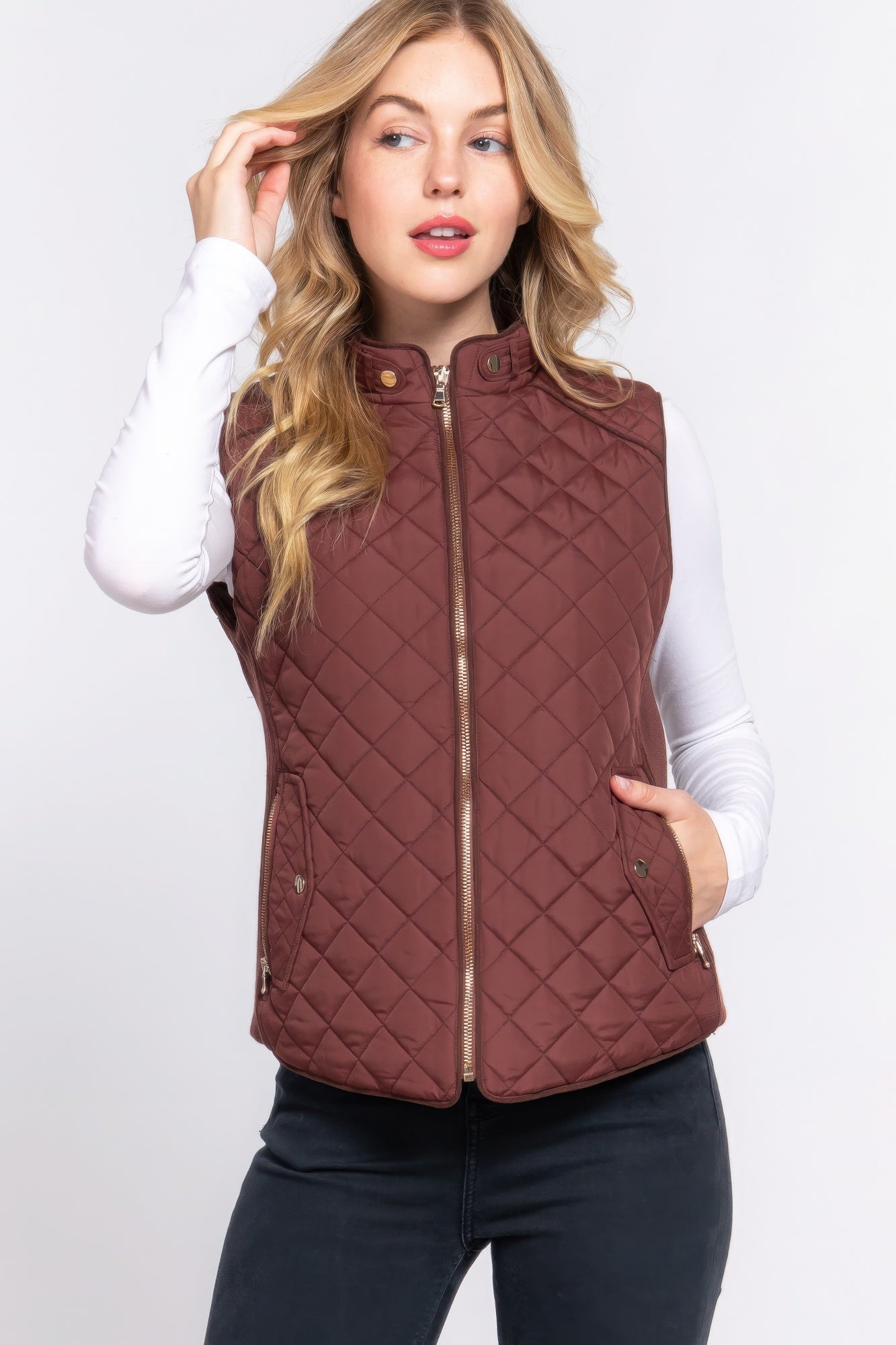 Women's Outwear Vest Stand Collar Lightweight Zip Suede Piping Quilted Vest