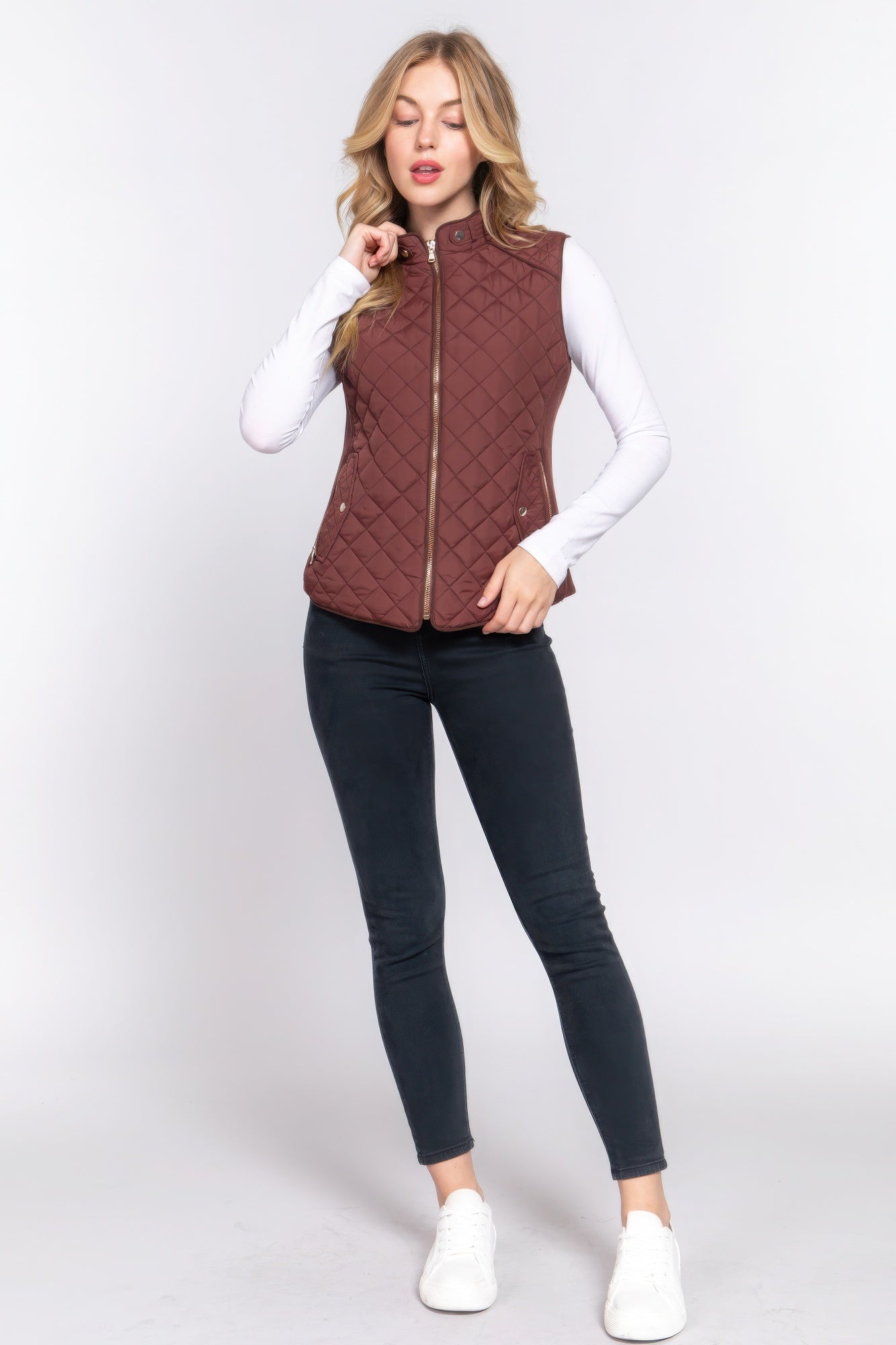 Women's Outwear Vest Stand Collar Lightweight Zip Suede Piping Quilted Vest