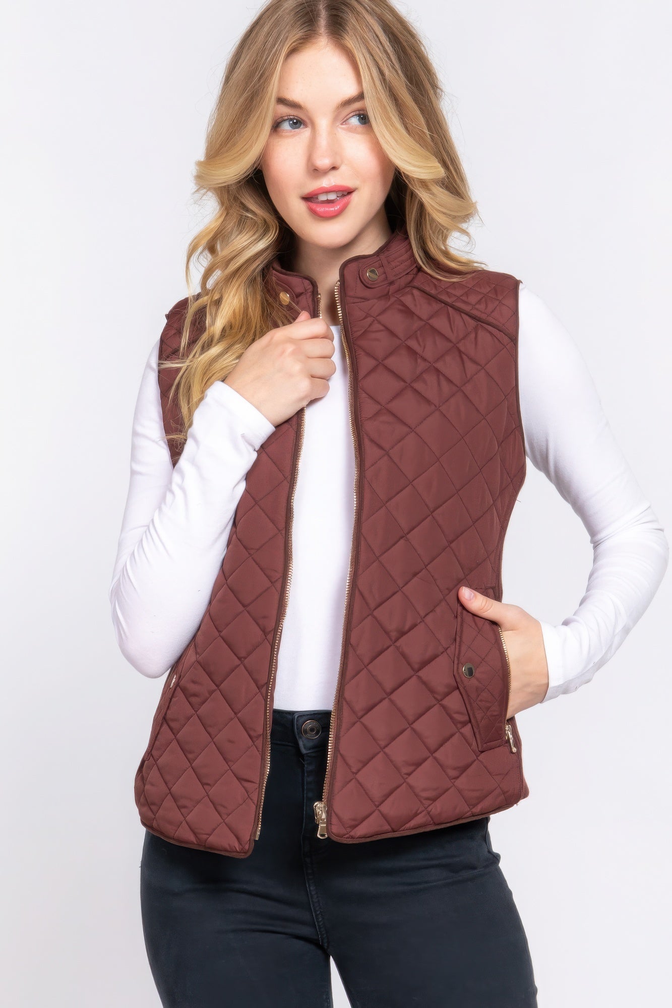 Women's Outwear Vest Stand Collar Lightweight Zip Suede Piping Quilted Vest