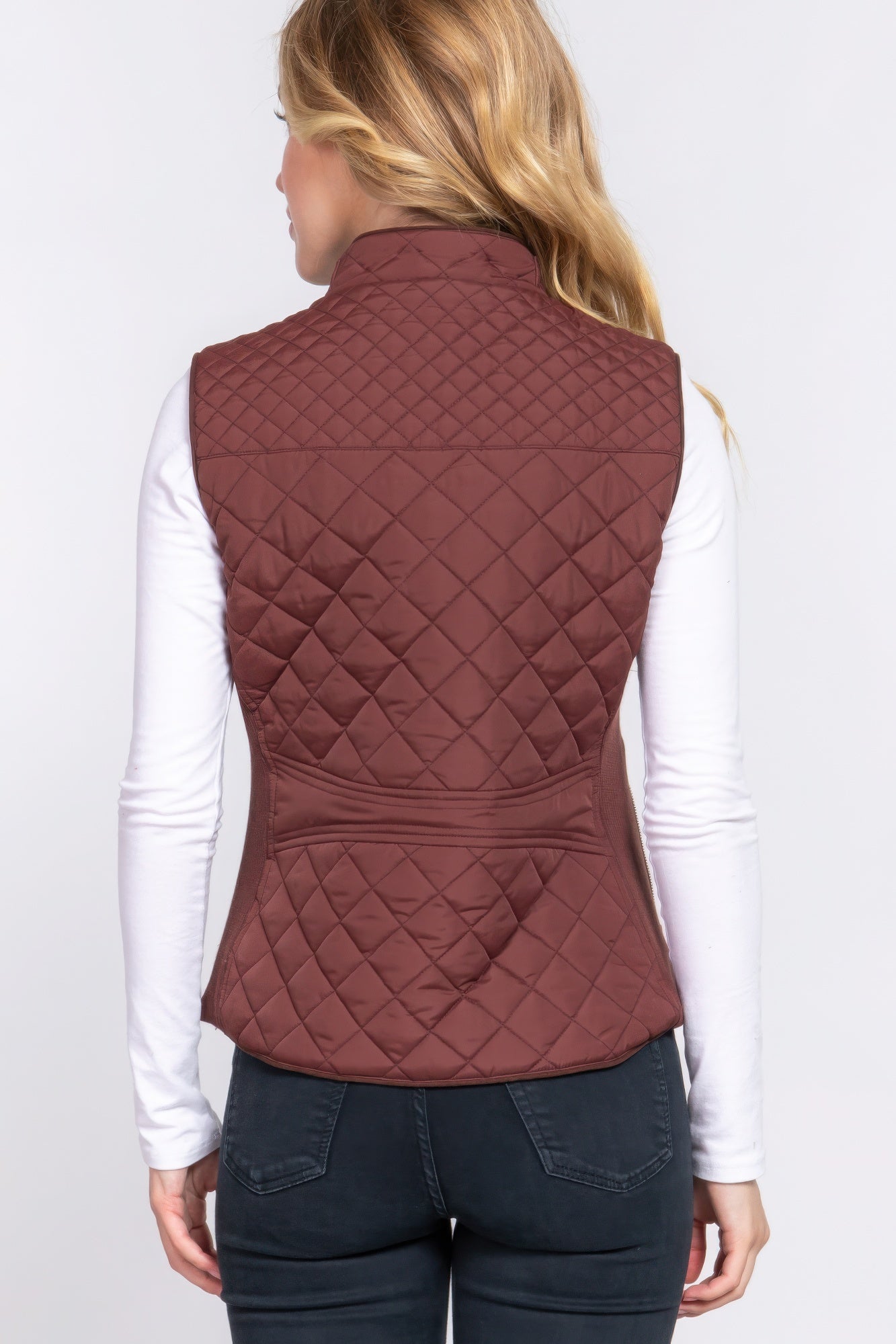 Women's Outwear Vest Stand Collar Lightweight Zip Suede Piping Quilted Vest