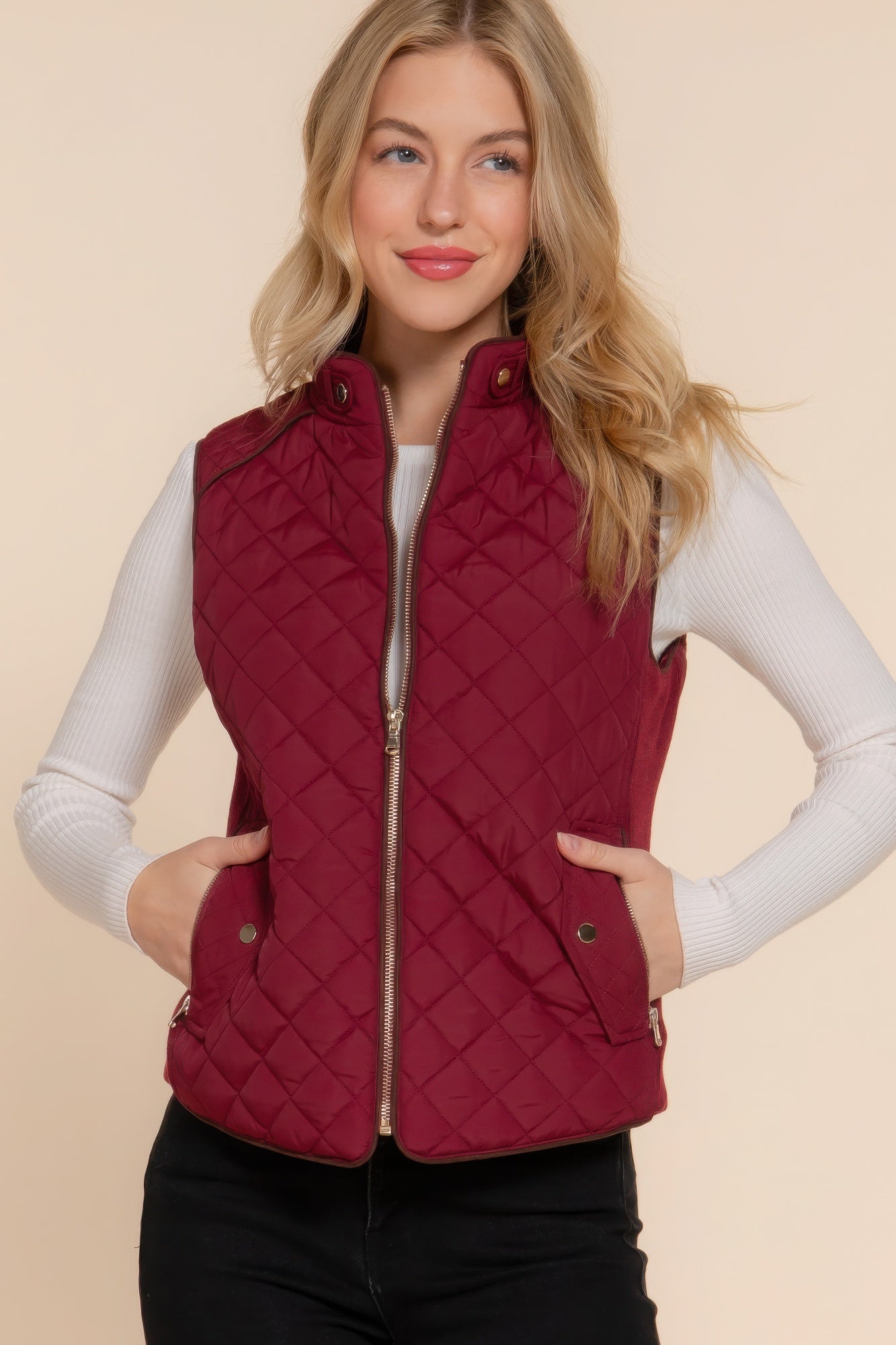 Women's Outwear Vest Stand Collar Lightweight Zip Suede Piping Quilted Vest