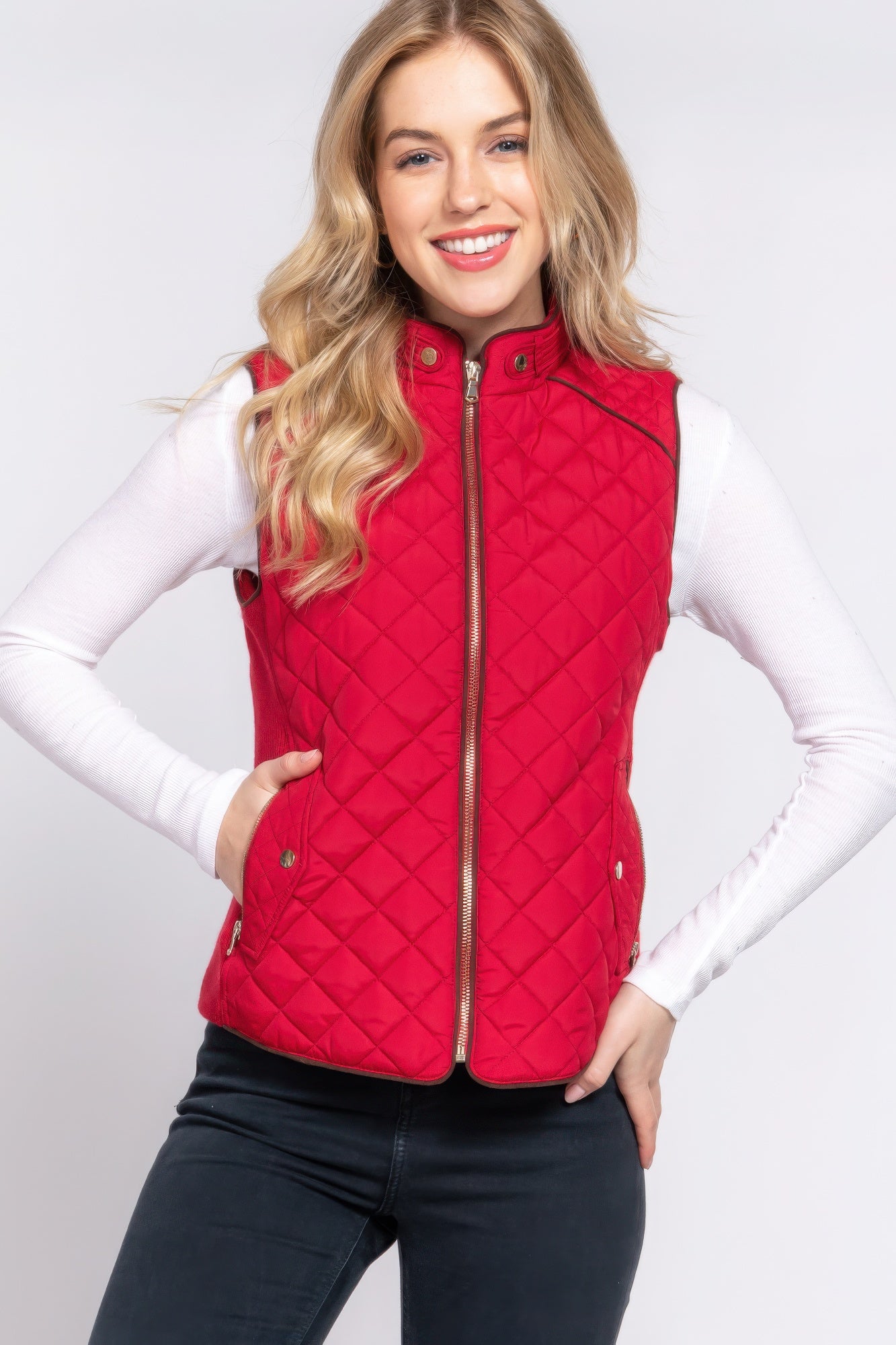 Women's Outwear Vest Stand Collar Lightweight Zip Suede Piping Quilted Vest
