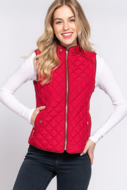 Women's Outwear Vest Stand Collar Lightweight Zip Suede Piping Quilted Vest