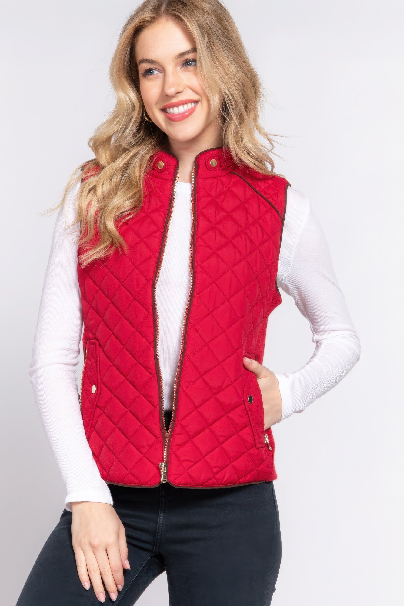 Women's Outwear Vest Stand Collar Lightweight Zip Suede Piping Quilted Vest