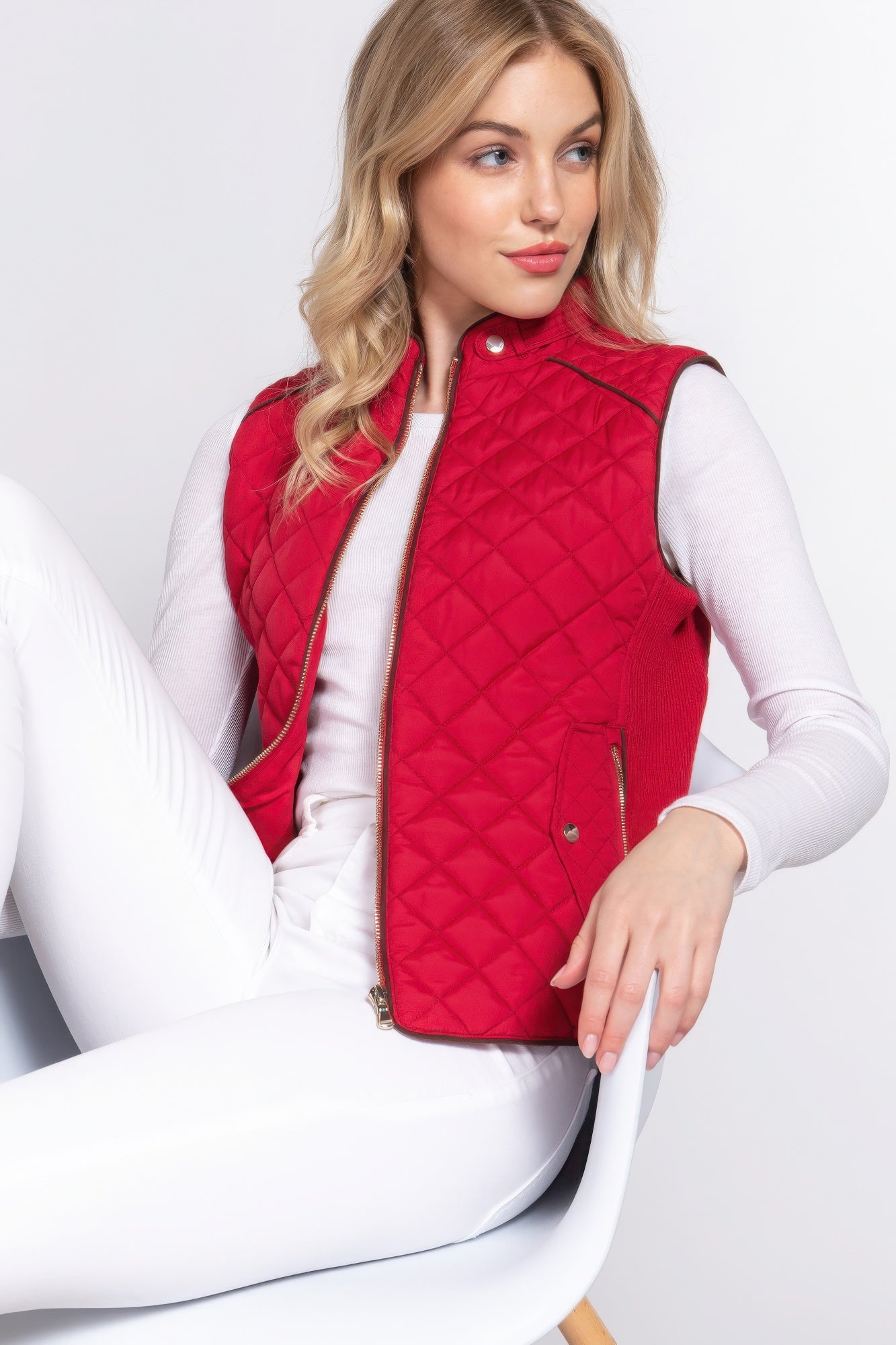 Women's Outwear Vest Stand Collar Lightweight Zip Suede Piping Quilted Vest