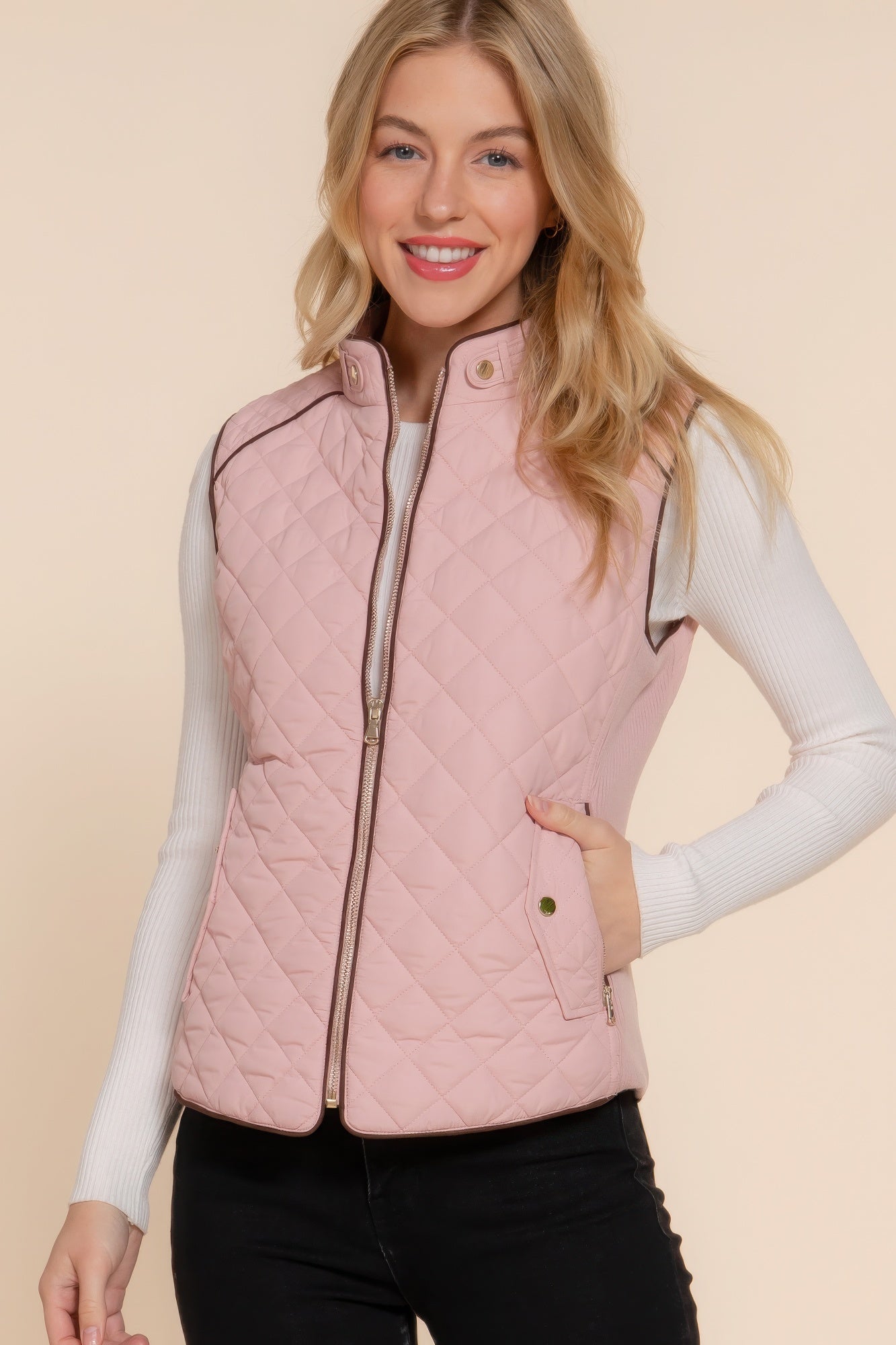 Women's Outwear Vest Stand Collar Lightweight Zip Suede Piping Quilted Vest