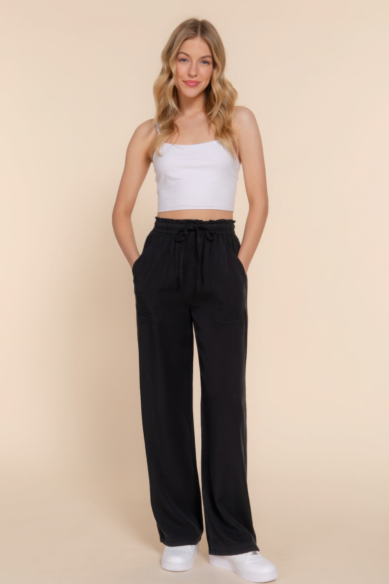 Women's Tencel Pants Elastic Waist Wide Leg Trousers Baggy Casual Long Pants
