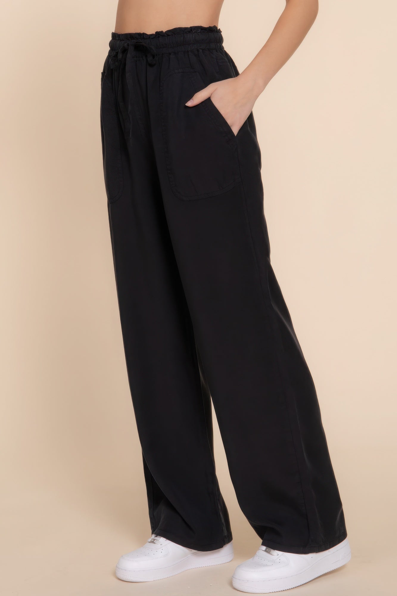 Women's Tencel Pants Elastic Waist Wide Leg Trousers Baggy Casual Long Pants