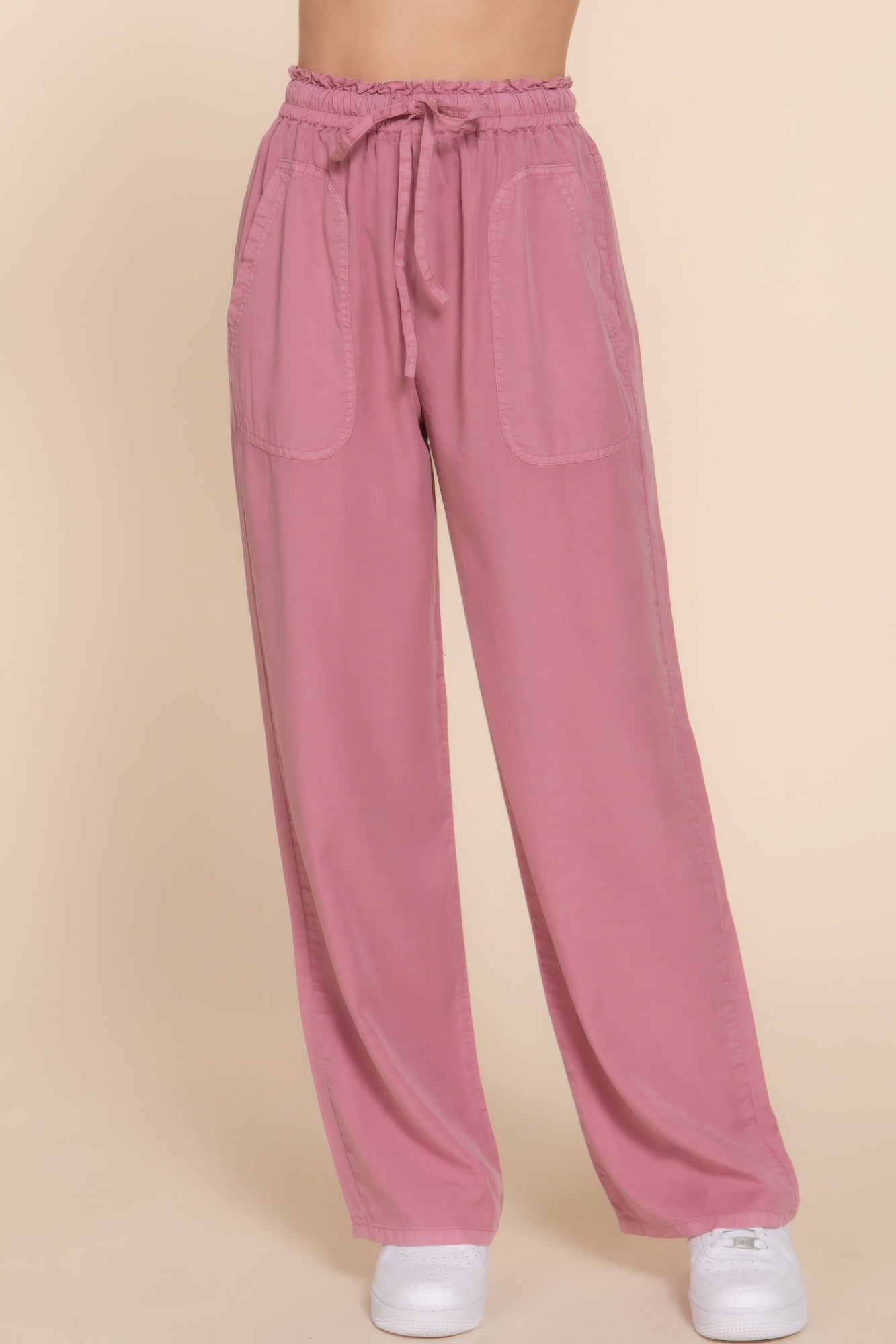 Women's Tencel Pants Elastic Waist Wide Leg Trousers Baggy Casual Long Pants
