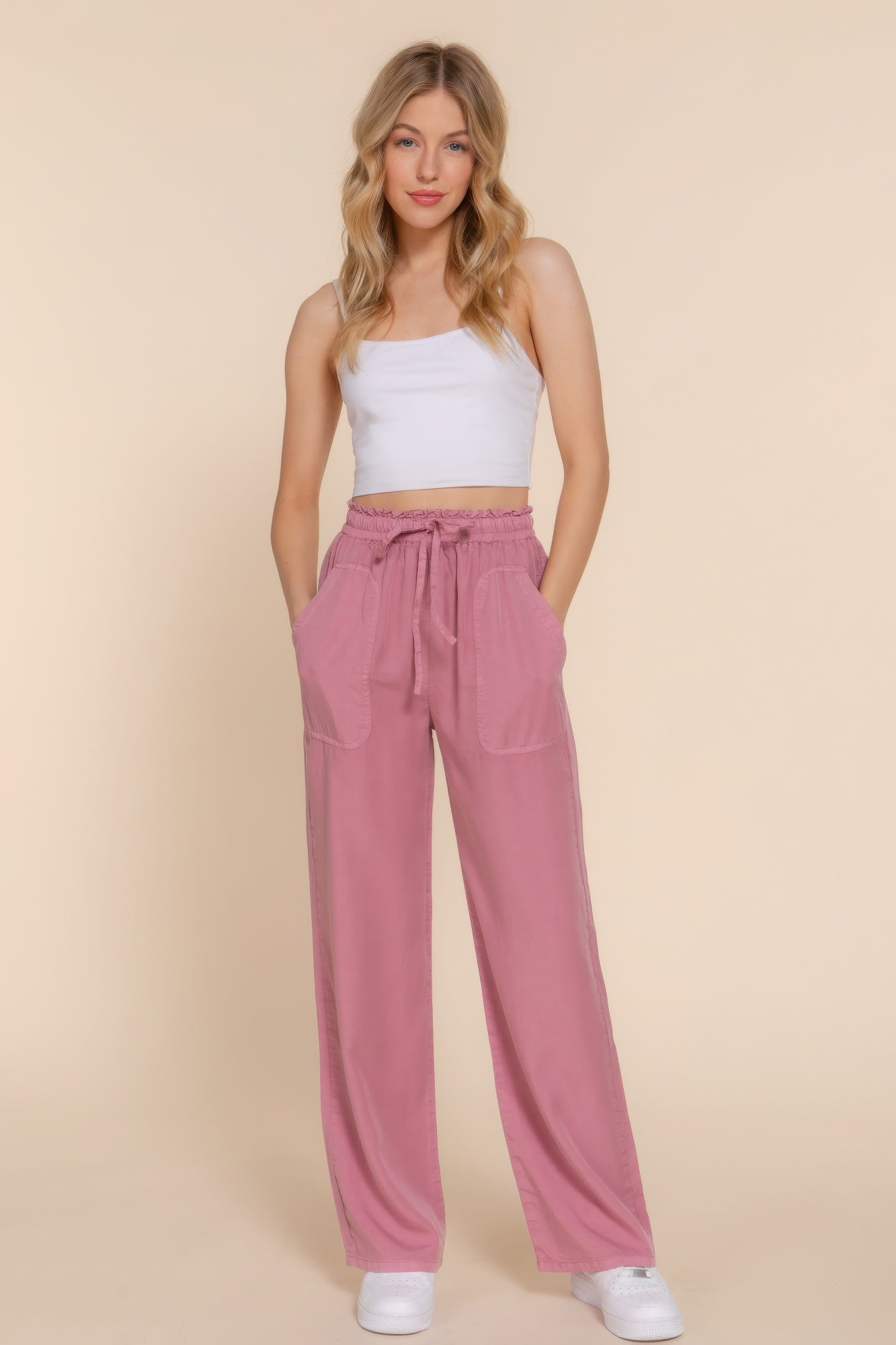 Women's Tencel Pants Elastic Waist Wide Leg Trousers Baggy Casual Long Pants