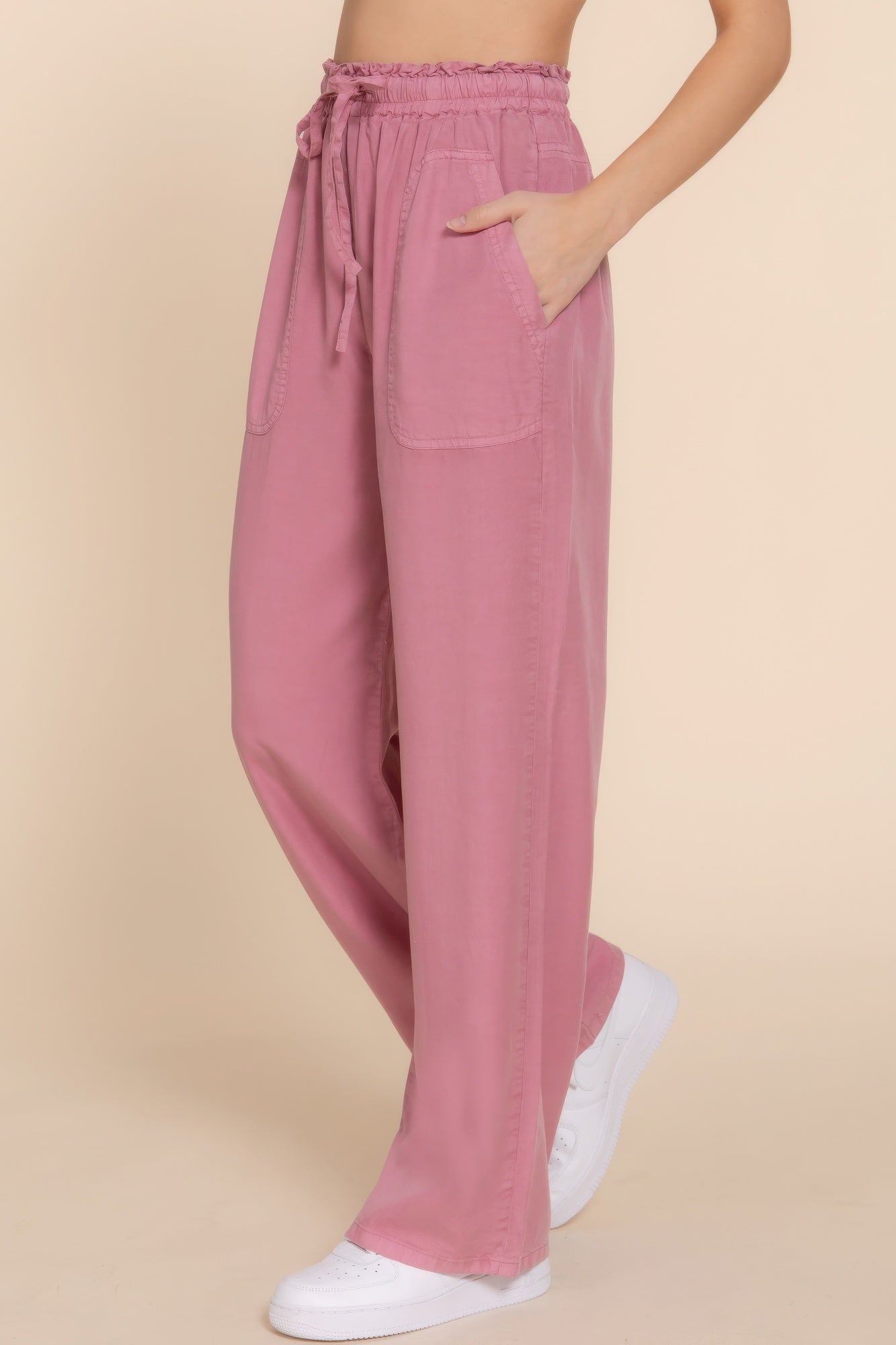 Women's Tencel Pants Elastic Waist Wide Leg Trousers Baggy Casual Long Pants