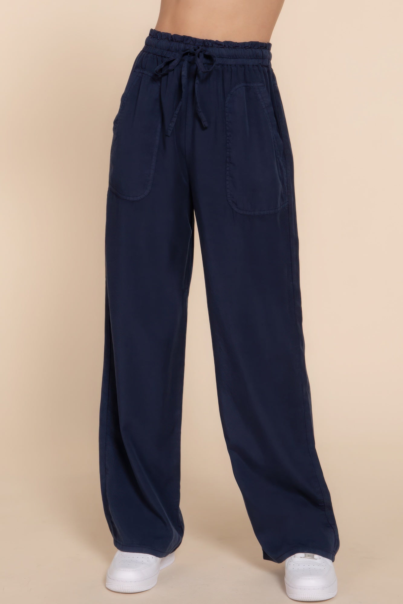 Women's Tencel Pants Elastic Waist Wide Leg Trousers Baggy Casual Long Pants