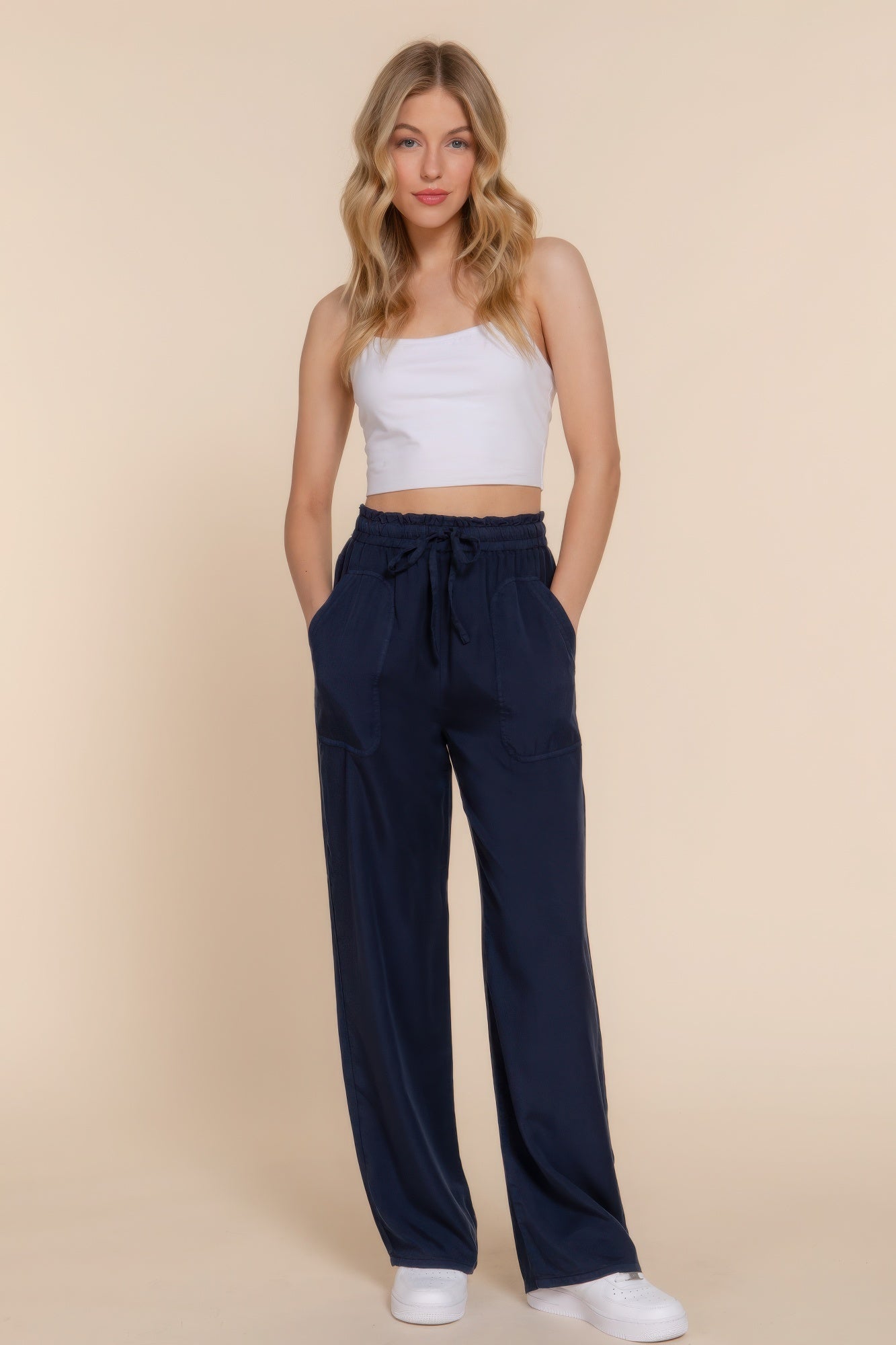 Women's Tencel Pants Elastic Waist Wide Leg Trousers Baggy Casual Long Pants