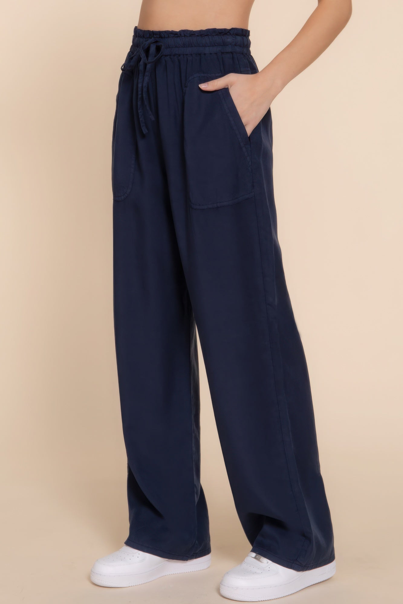 Women's Tencel Pants Elastic Waist Wide Leg Trousers Baggy Casual Long Pants