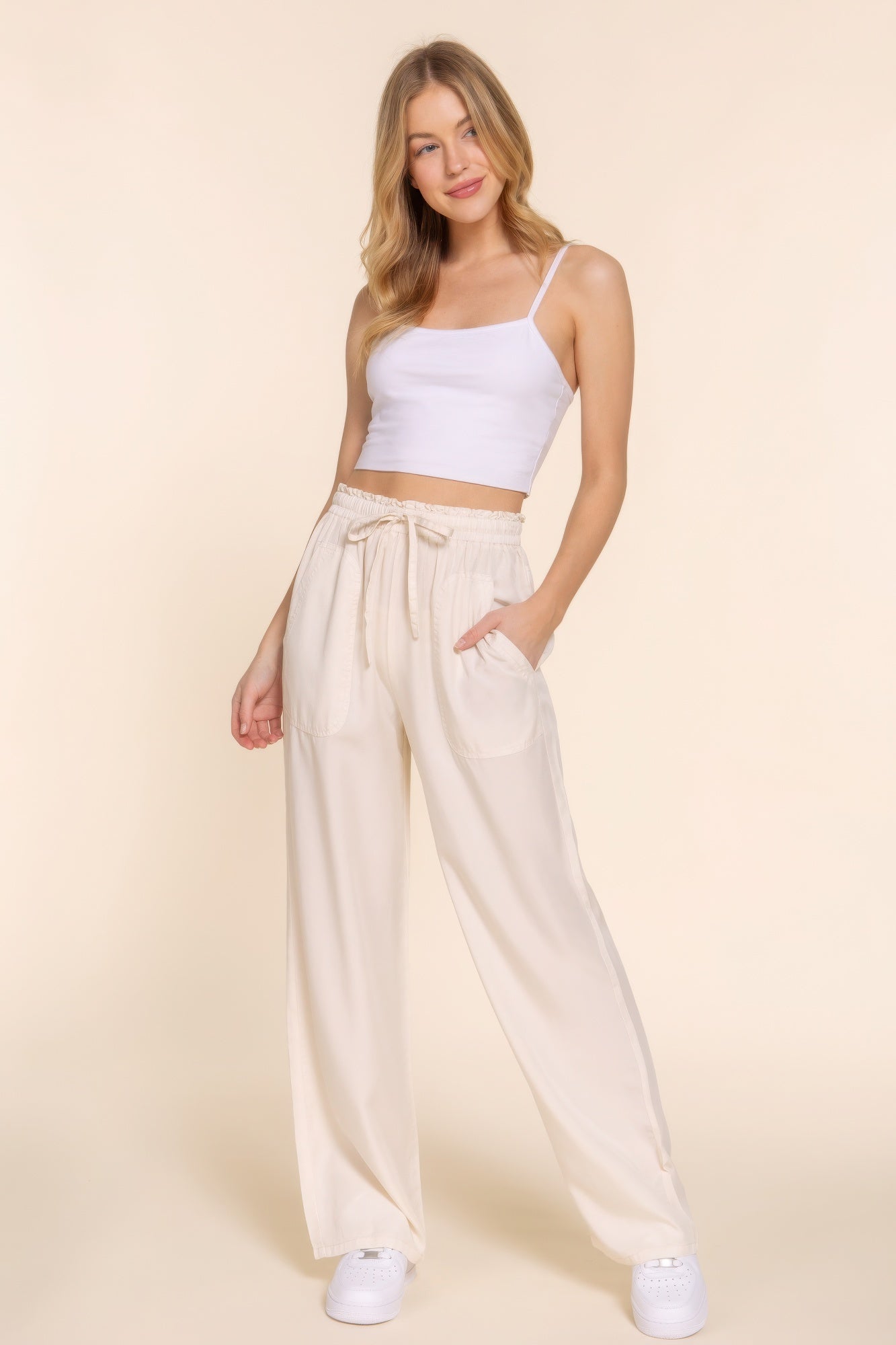 Women's Tencel Pants Elastic Waist Wide Leg Trousers Baggy Casual Long Pants